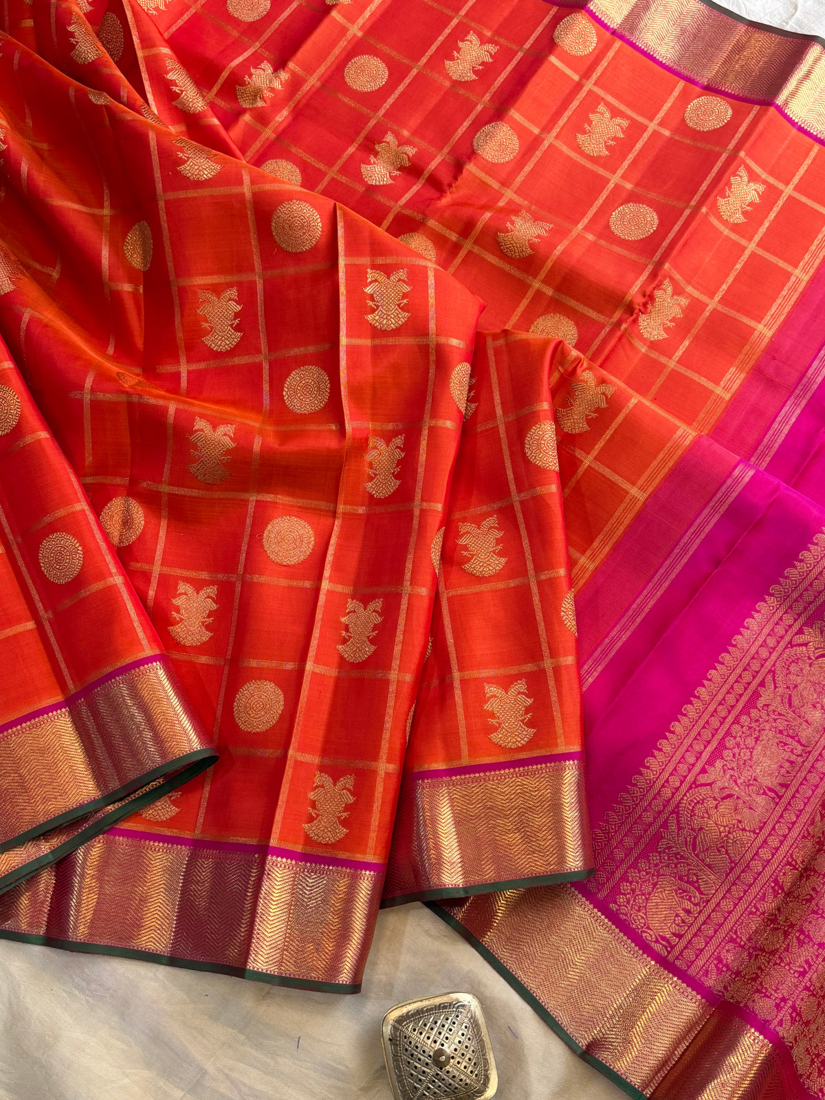 Orange Zari Kattam - pure Zari Kanjipuram silk