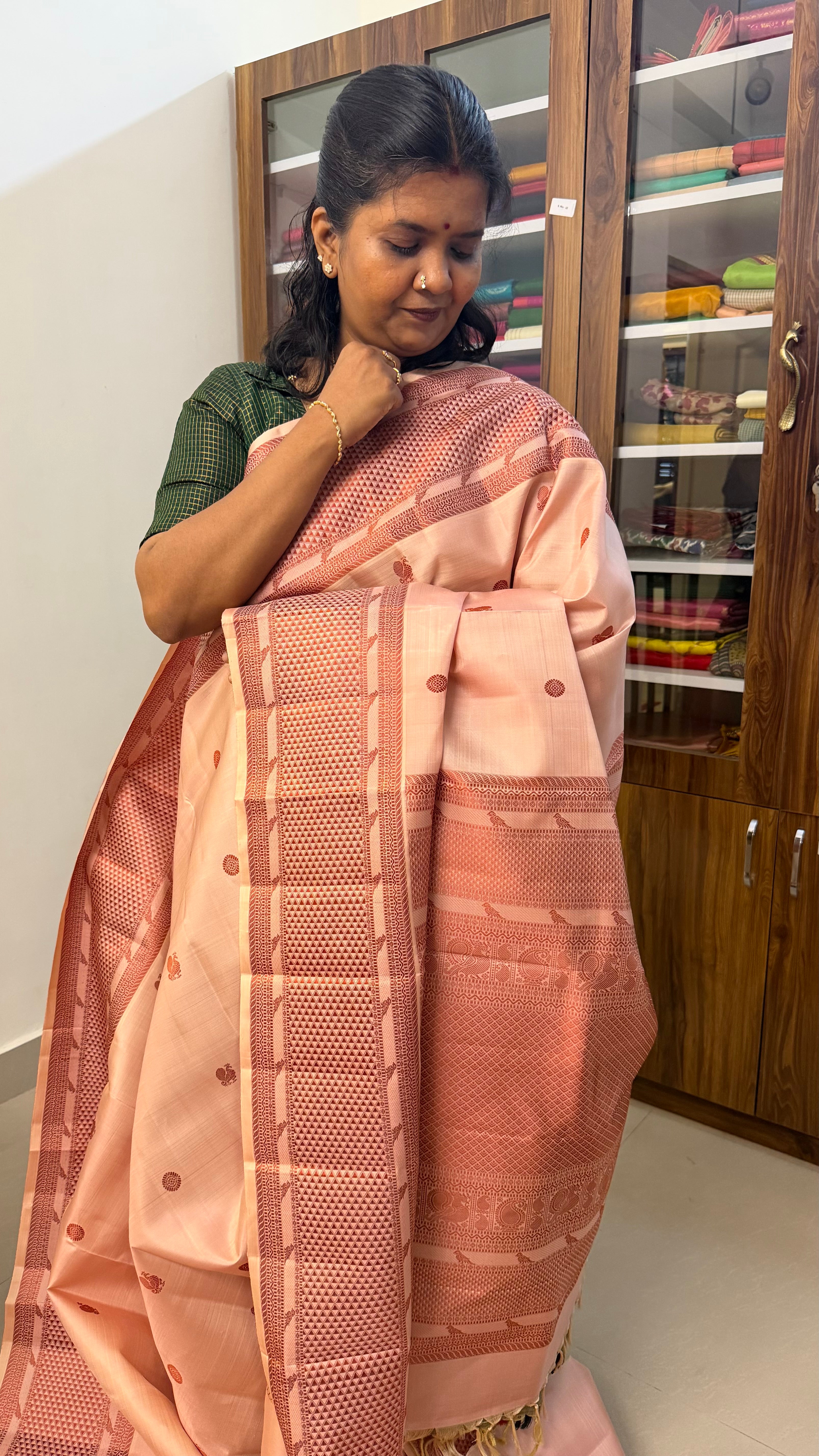 Caramel on brown Kili thread work Kanjipuram silk