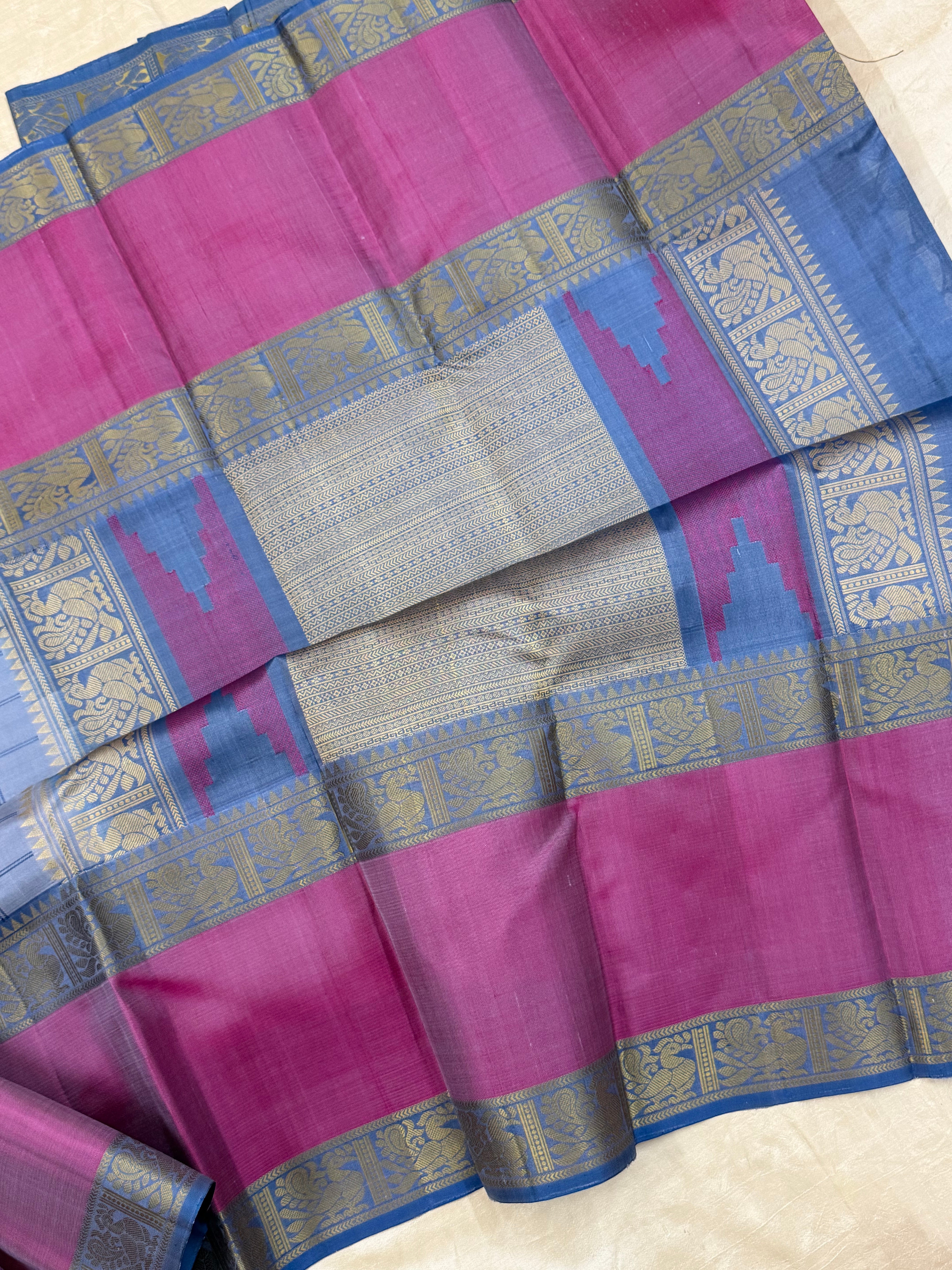 Grey kattam and pink rettapet border / Varnangal Soft Silk