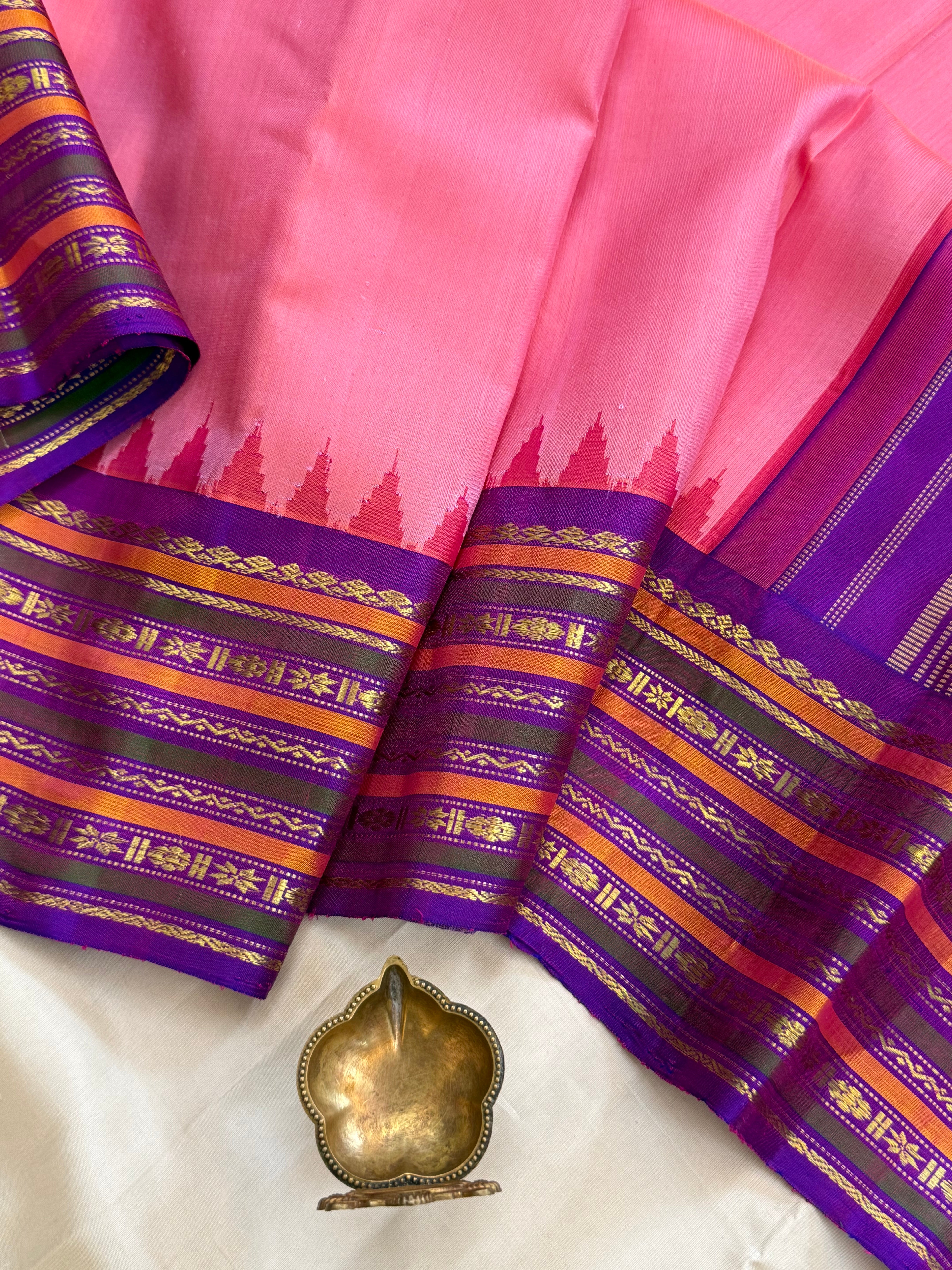 Peach pink with purple temple border/ Gadwal silk CLSA11295