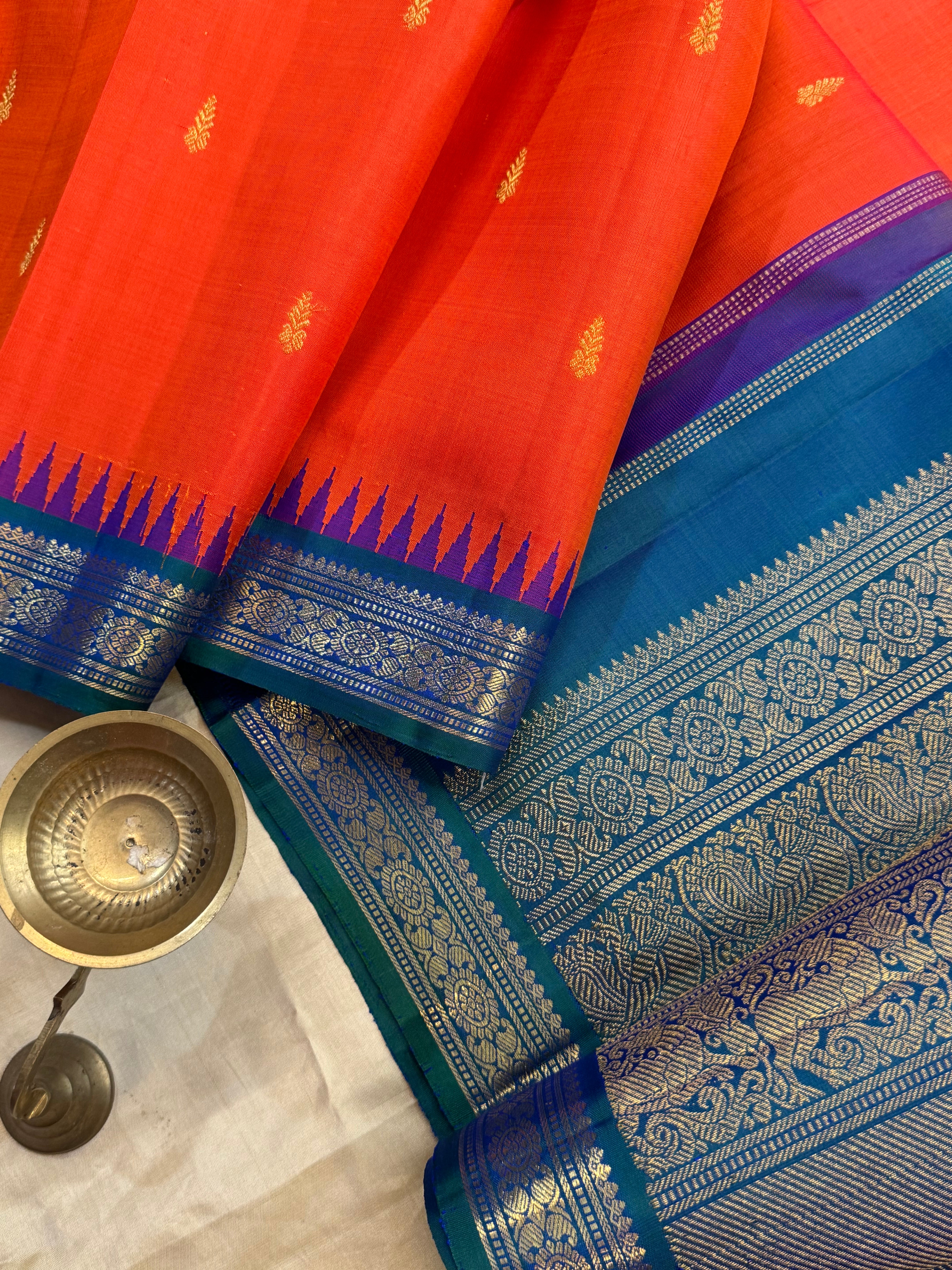 Rust orange Korvai / Kanjipuram silk