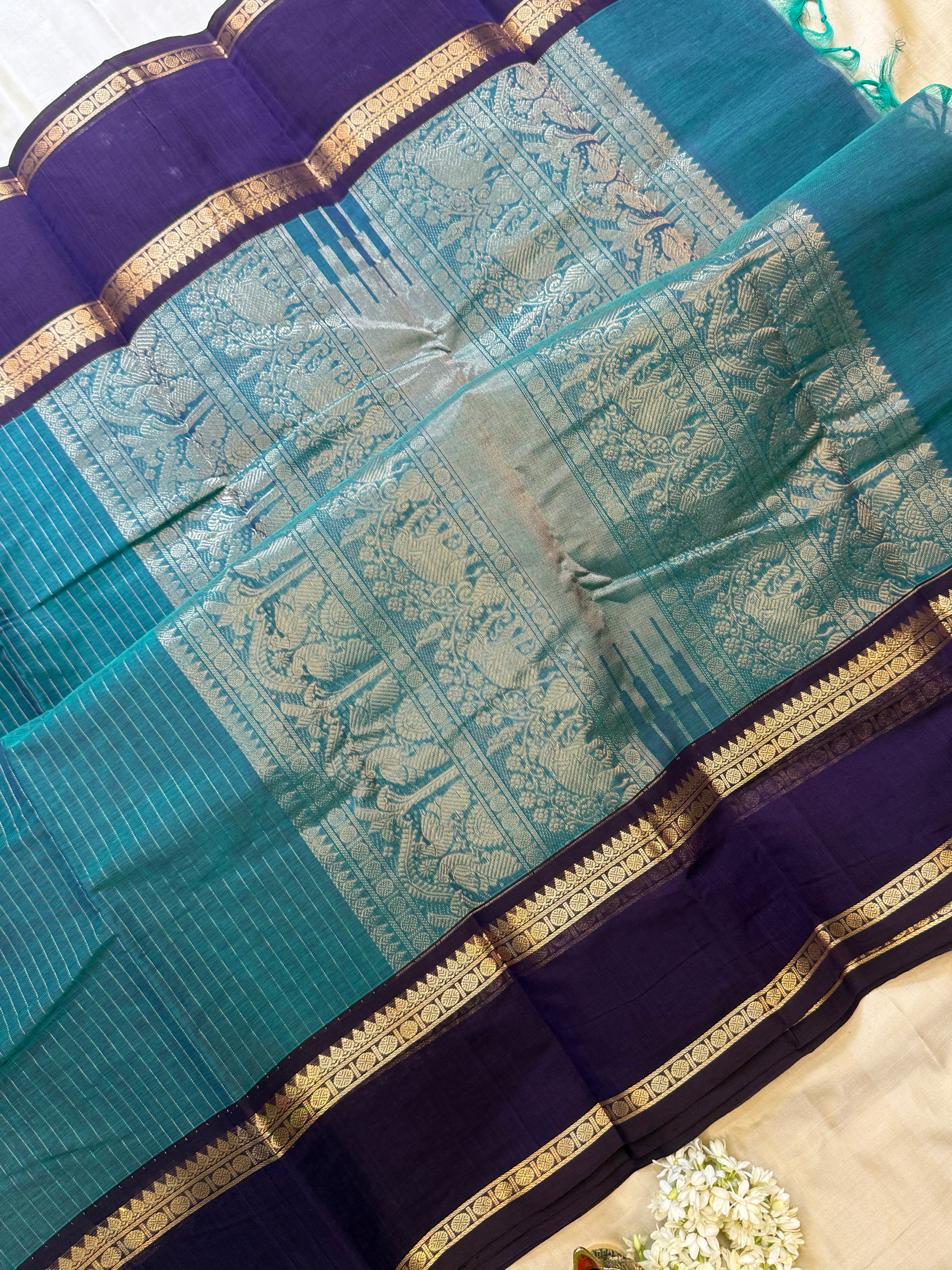 Rama green and dark purple rettapet border/ Kanchi Cotton