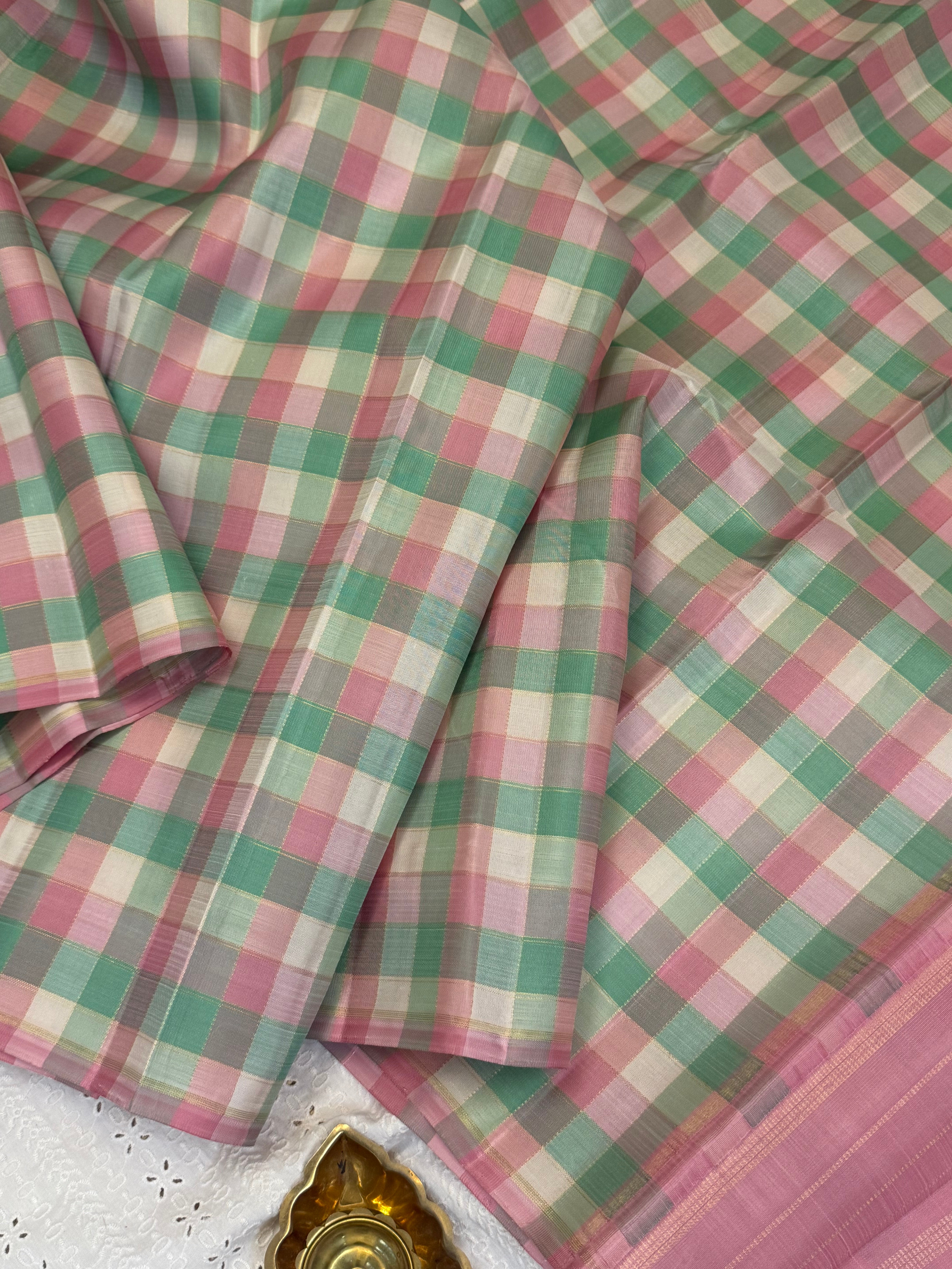 Multicolour checks unique Zari line / border less kanjipuram silk saree CLSA 10498