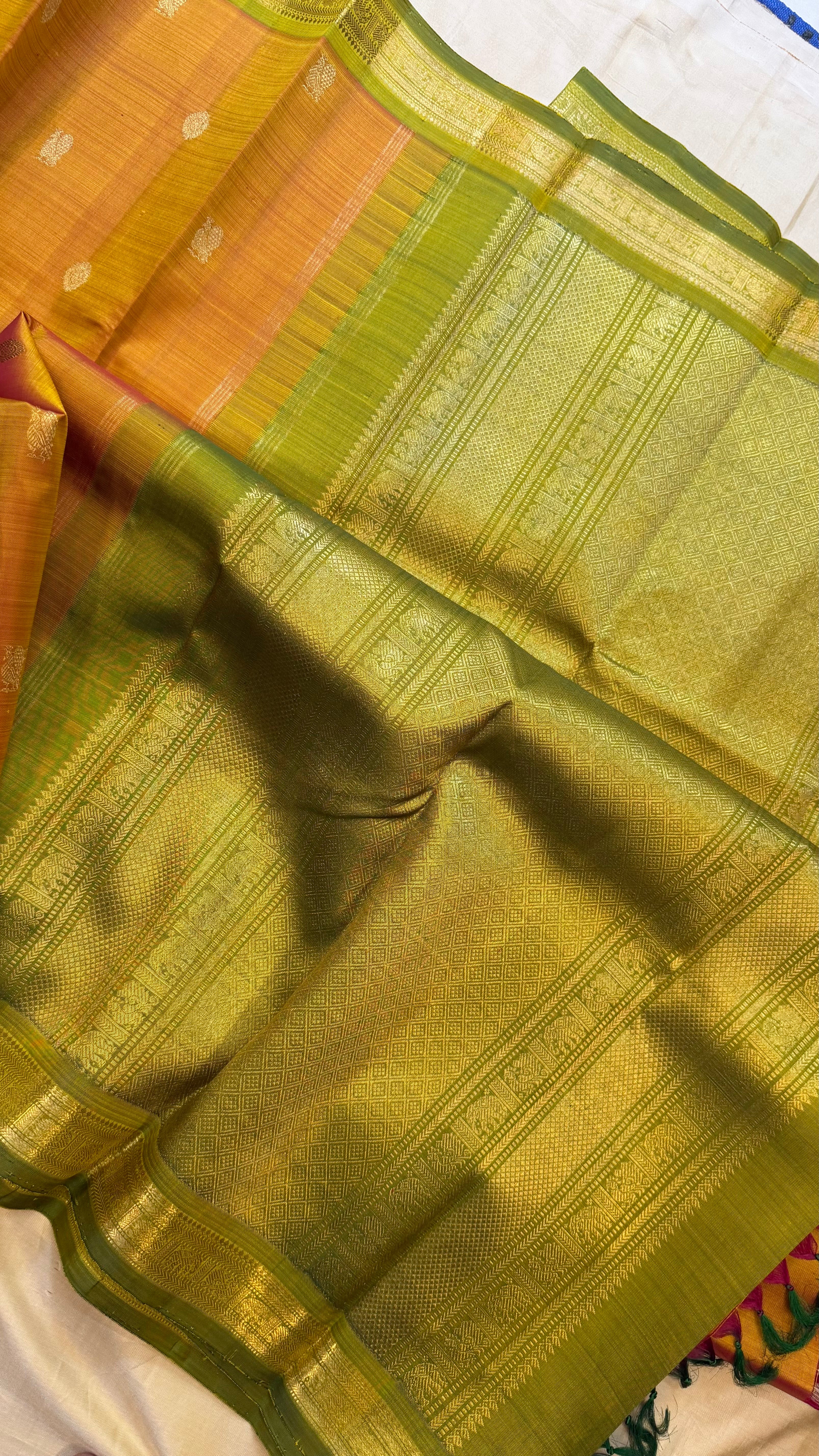 Golden mustard and green small border/ Kanjipuram Silk