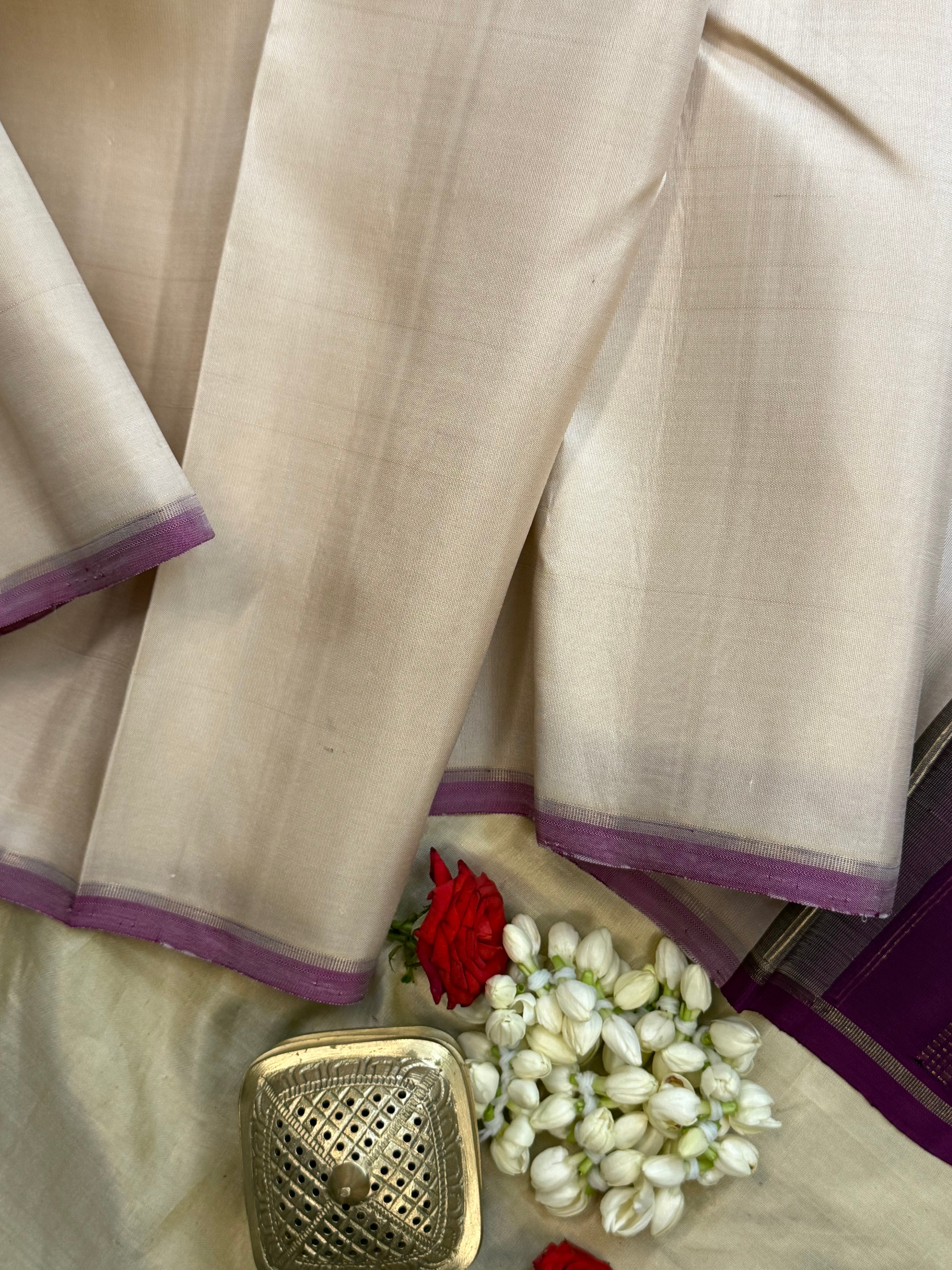 ONAM edit - offwhite and purple borderless / Kanjipuram silk