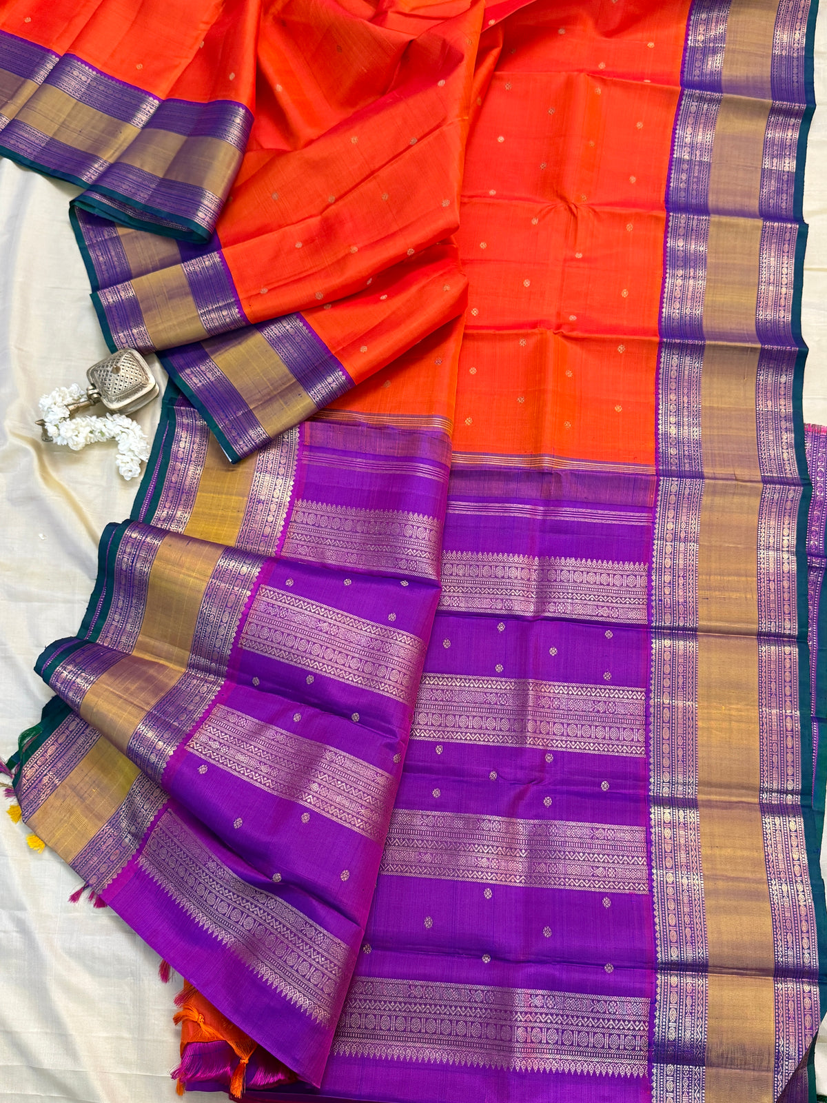 Navarathri - Day 5 Orange Colour pure Zari butta Rettapet Korvai /Kanjipuram silk sree Clsa4987