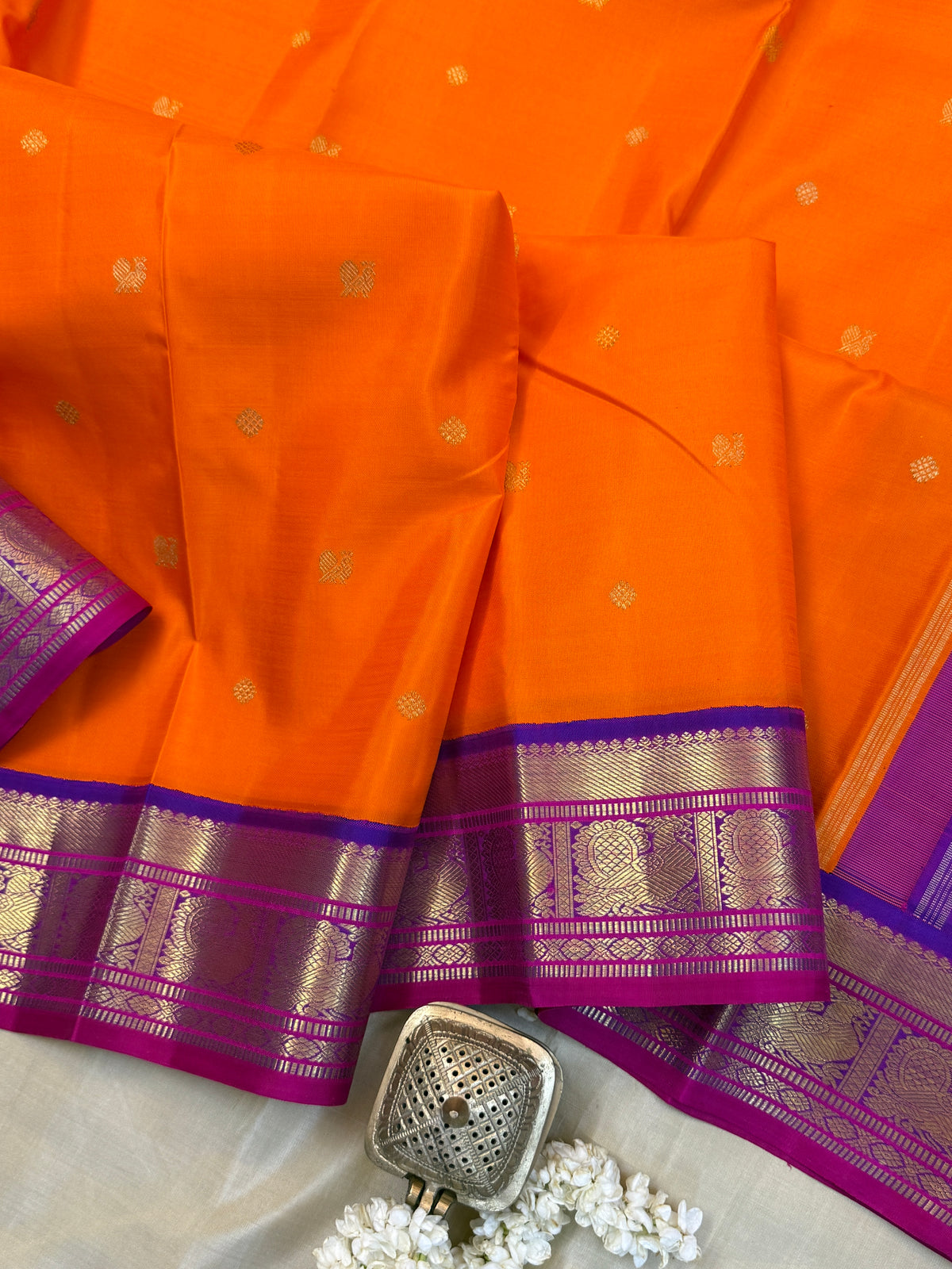 Navarathri - Day 5 Orange Colour pure Zari butta Korvai /Kanjipuram silk sree Clsa 7737