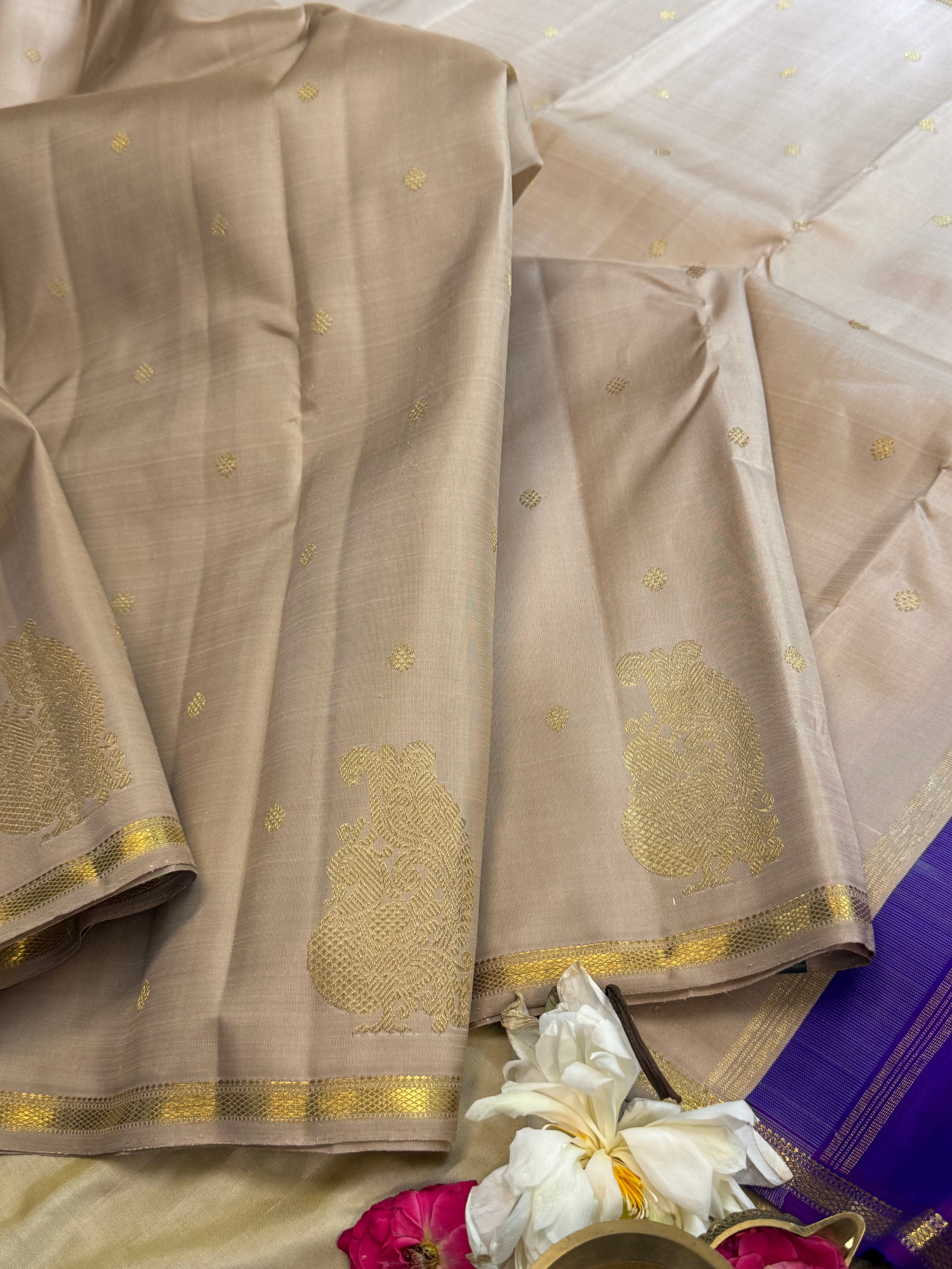 Beige bettu butta and purple/ Kanjipuram silk