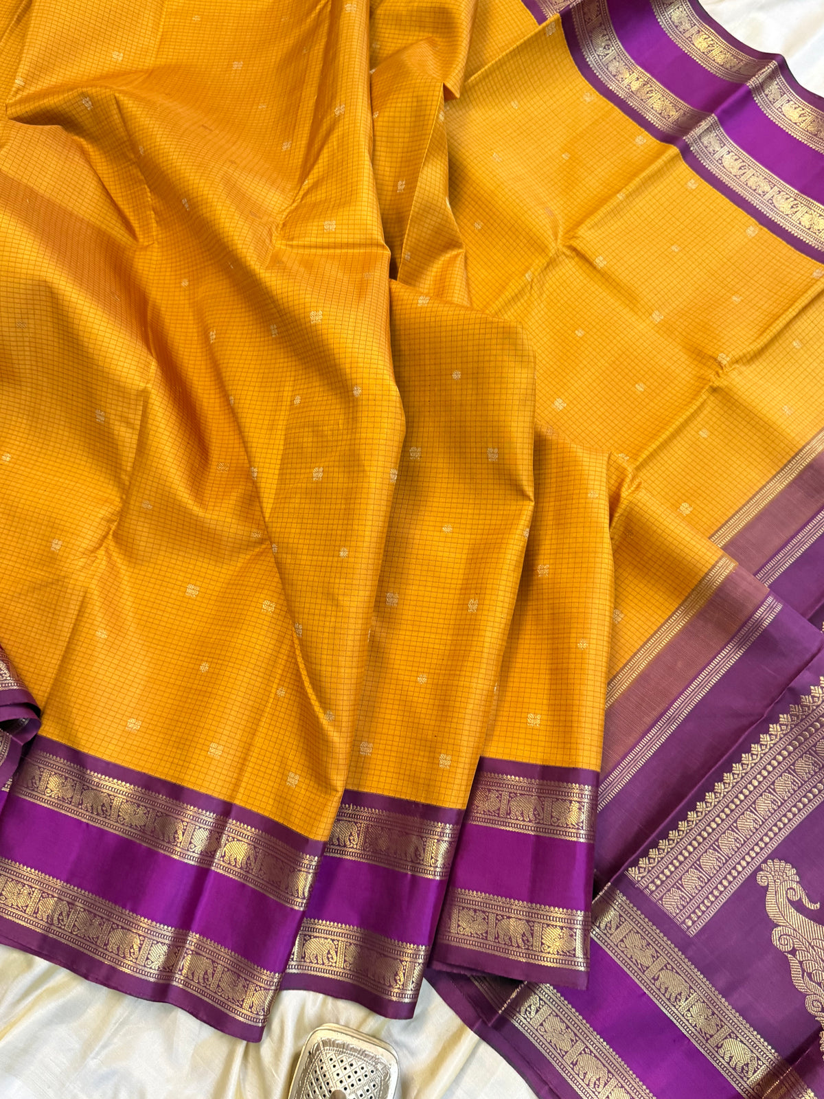 Mustard vintage retta pet Korvai  / pure Kanjipuram silk