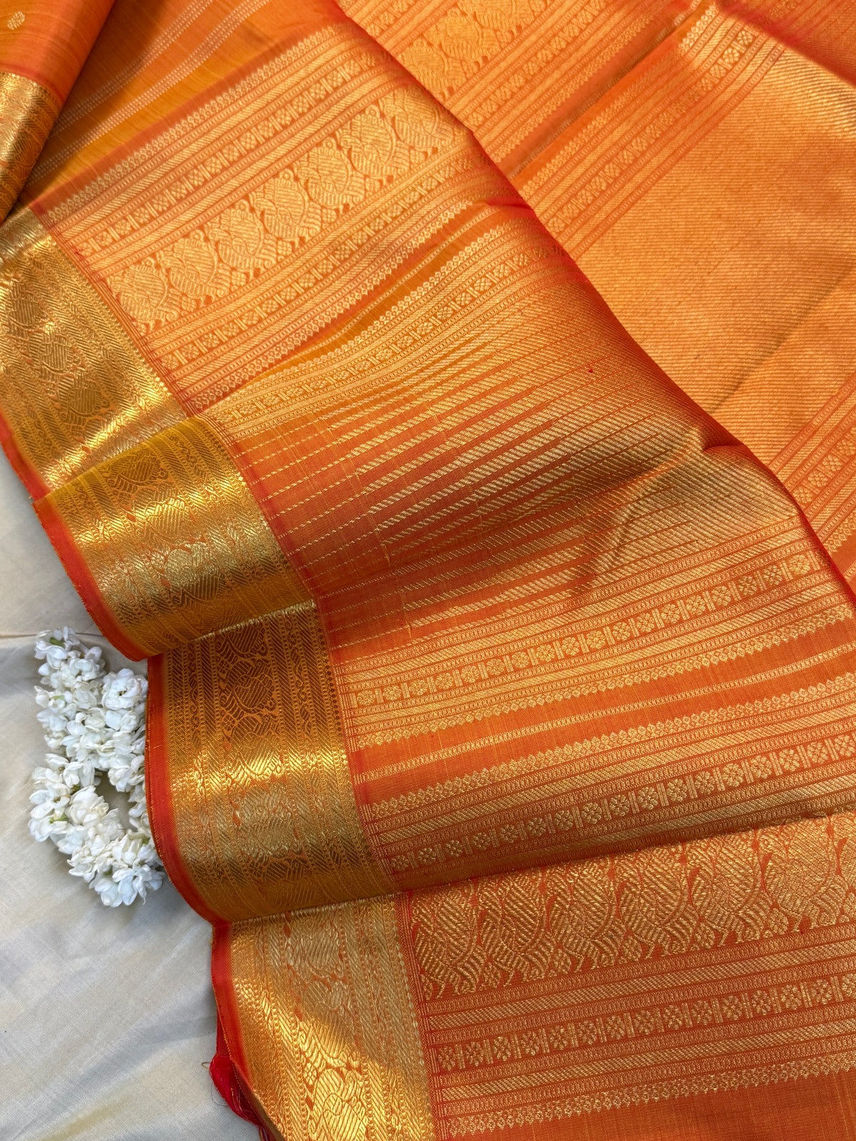 Navarathri - Day 5 Orange Colour pure Zari butta getti border /Kanjipuram silk sree Clsa 10590