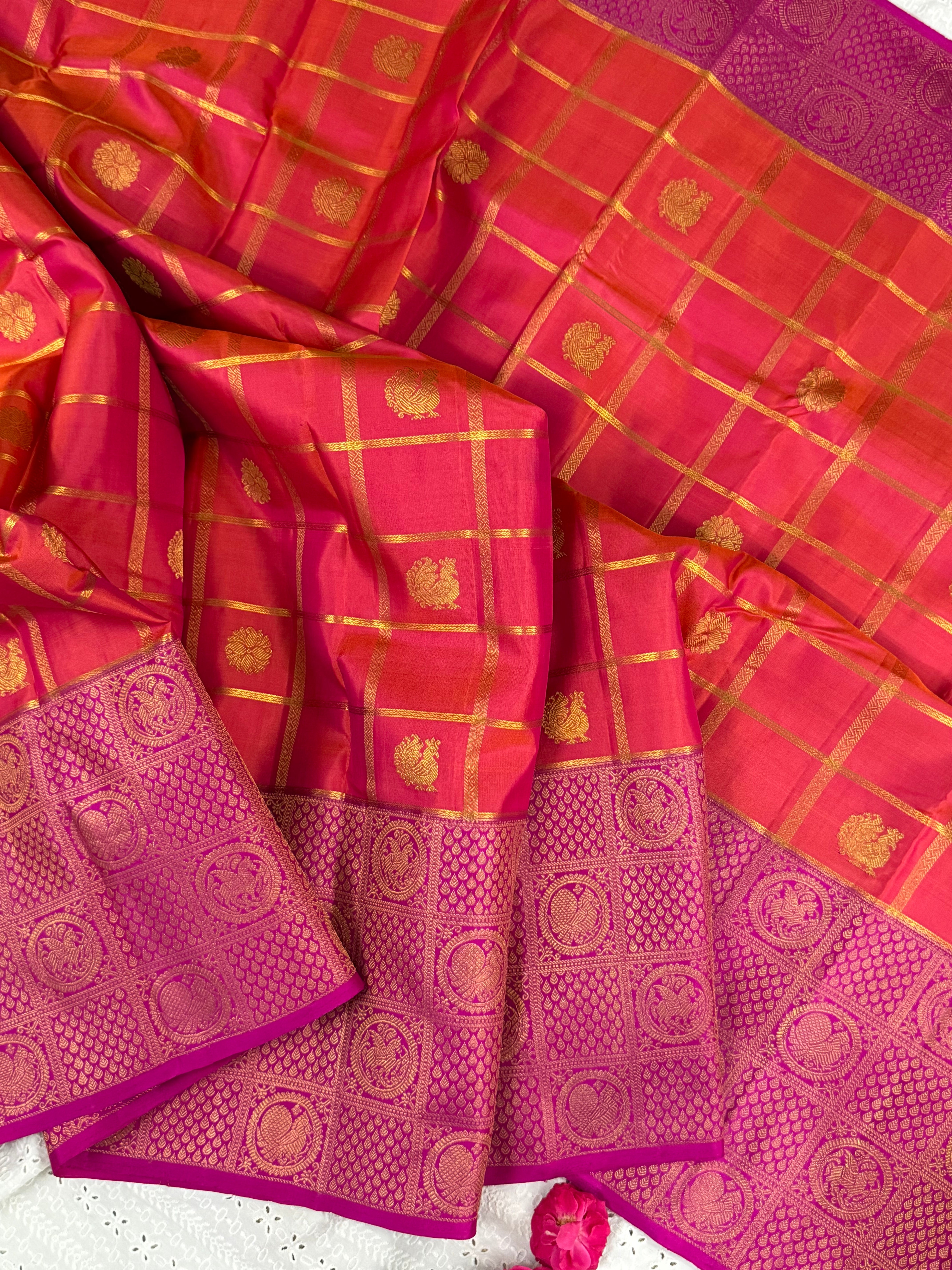 Orange kattam and pink brocade style border / Arani silk