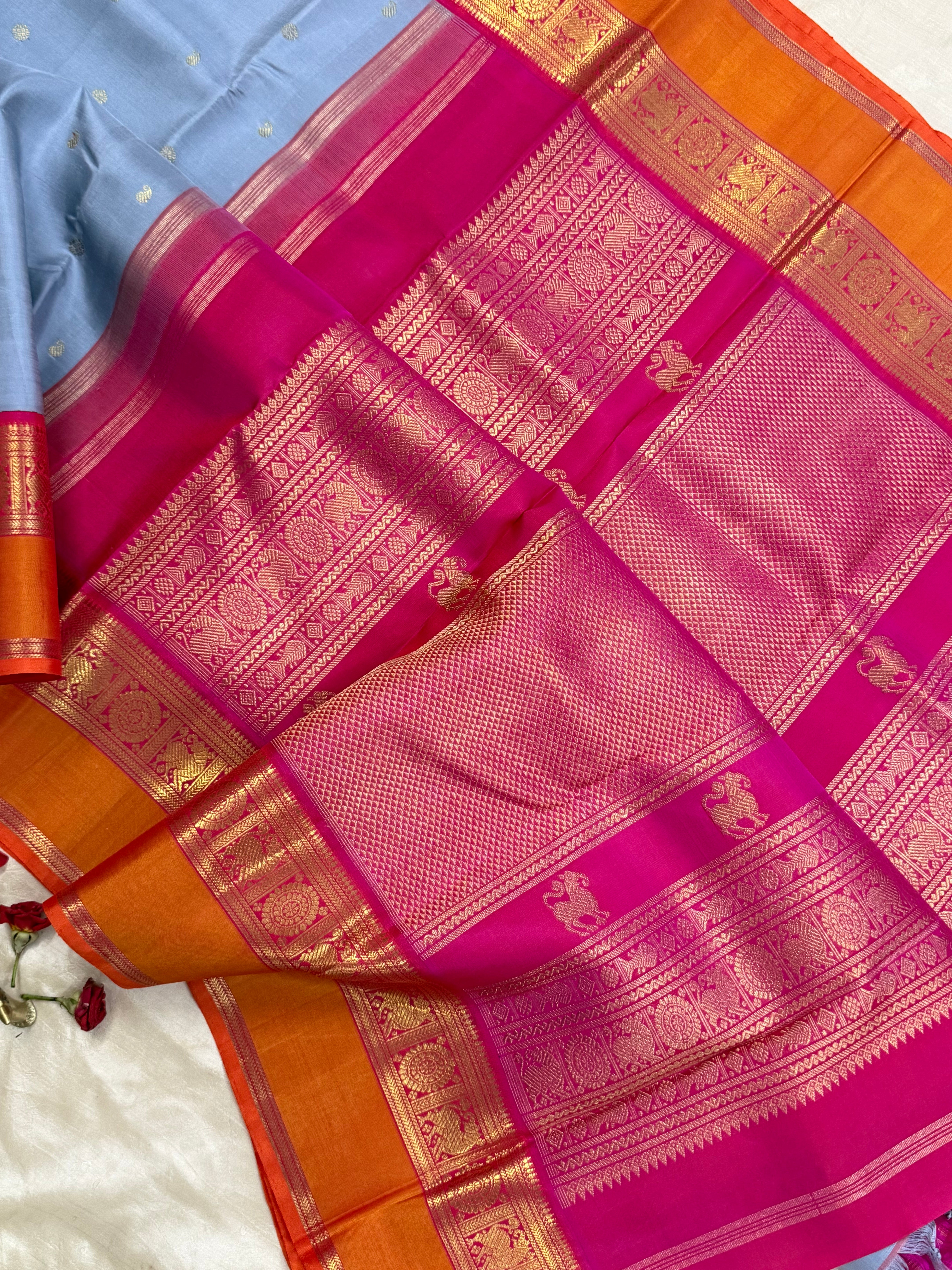 Silverish grey and orangish and pink kai korvai retta border / Kanjipuram silk