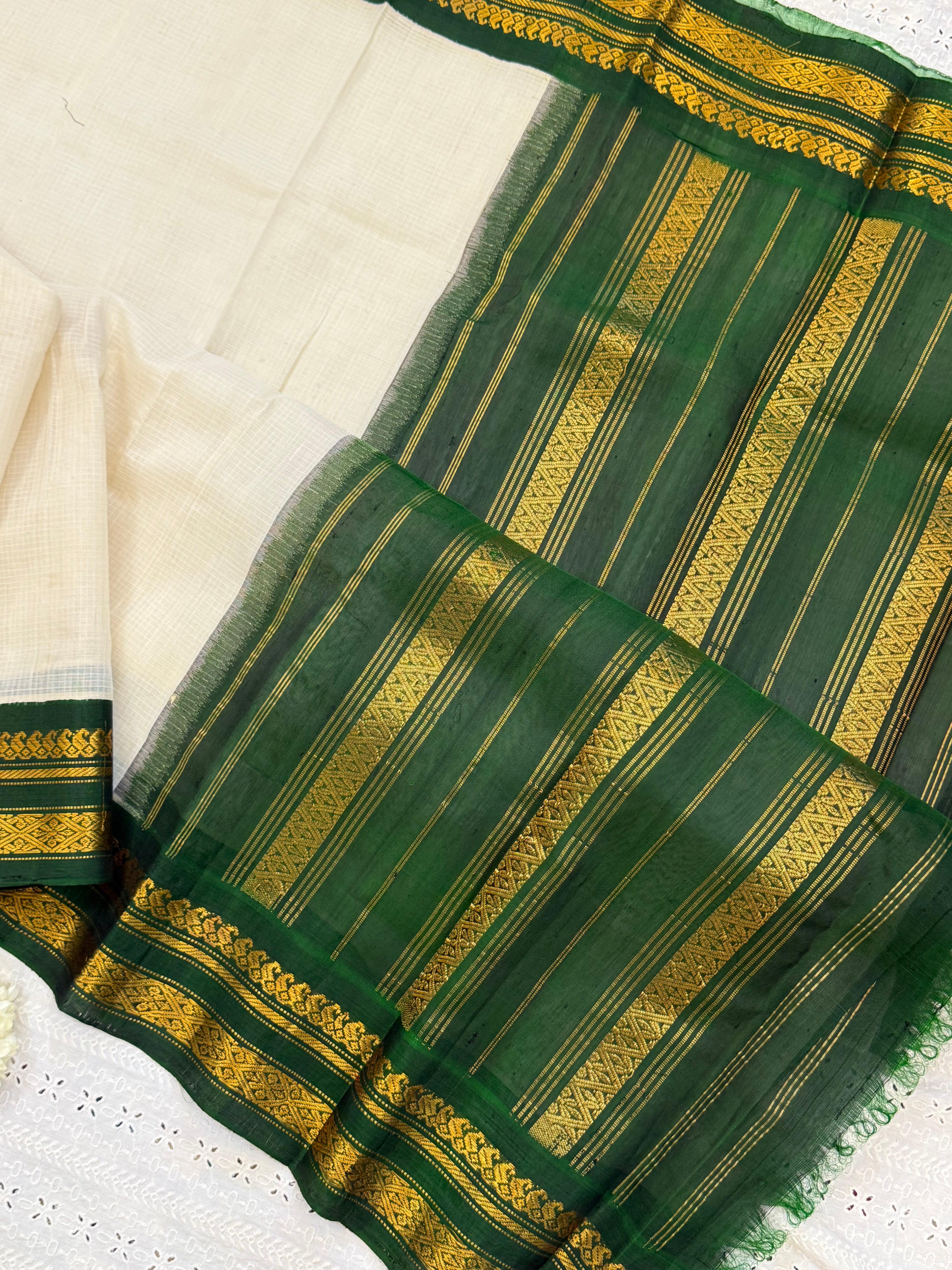 Offwhite and green / Gadwal cotton - No Blouse CLSA9305