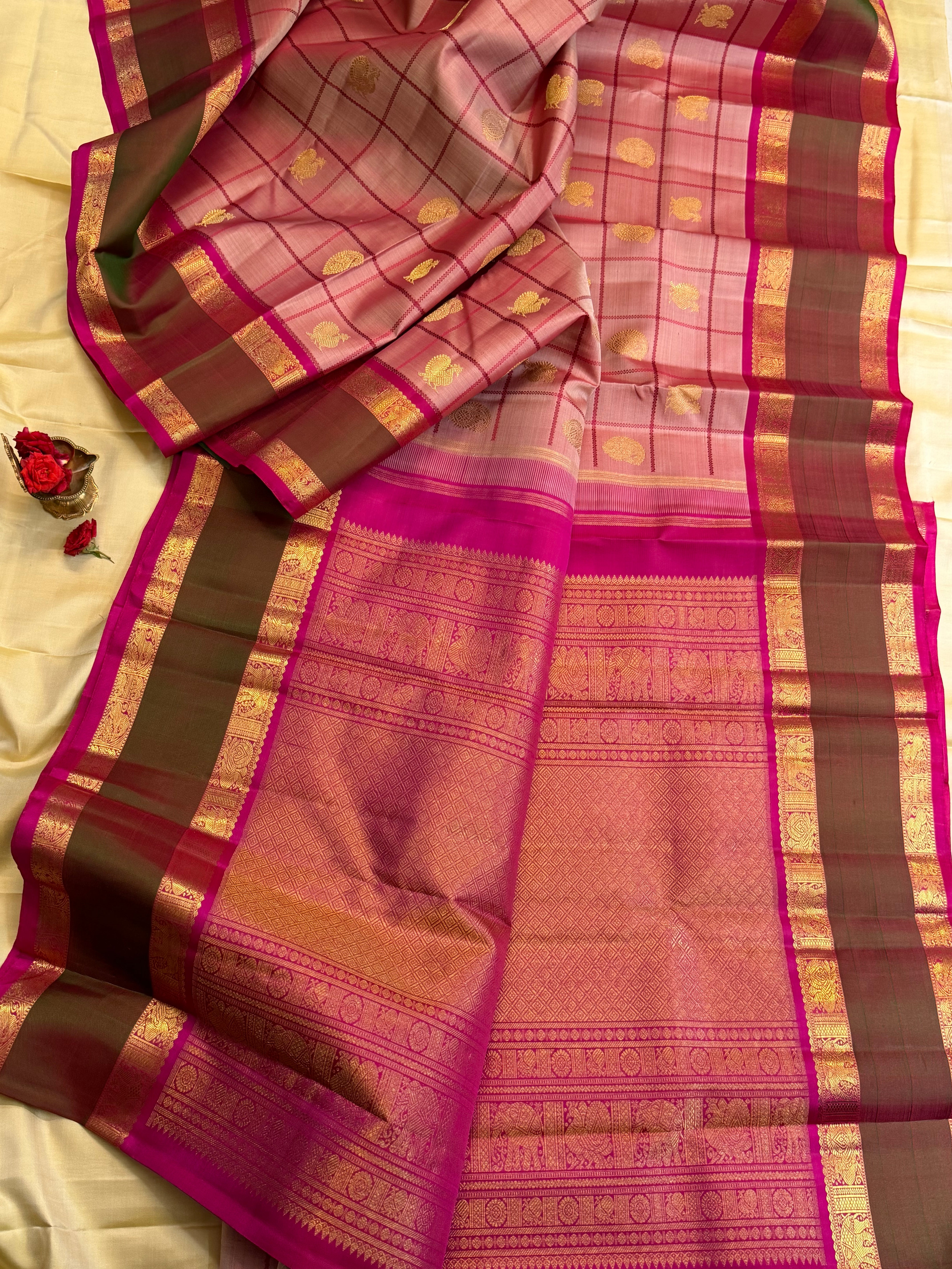 Mann : bud rose Kattam earthy hues in pure Zari Kanjipuram silk