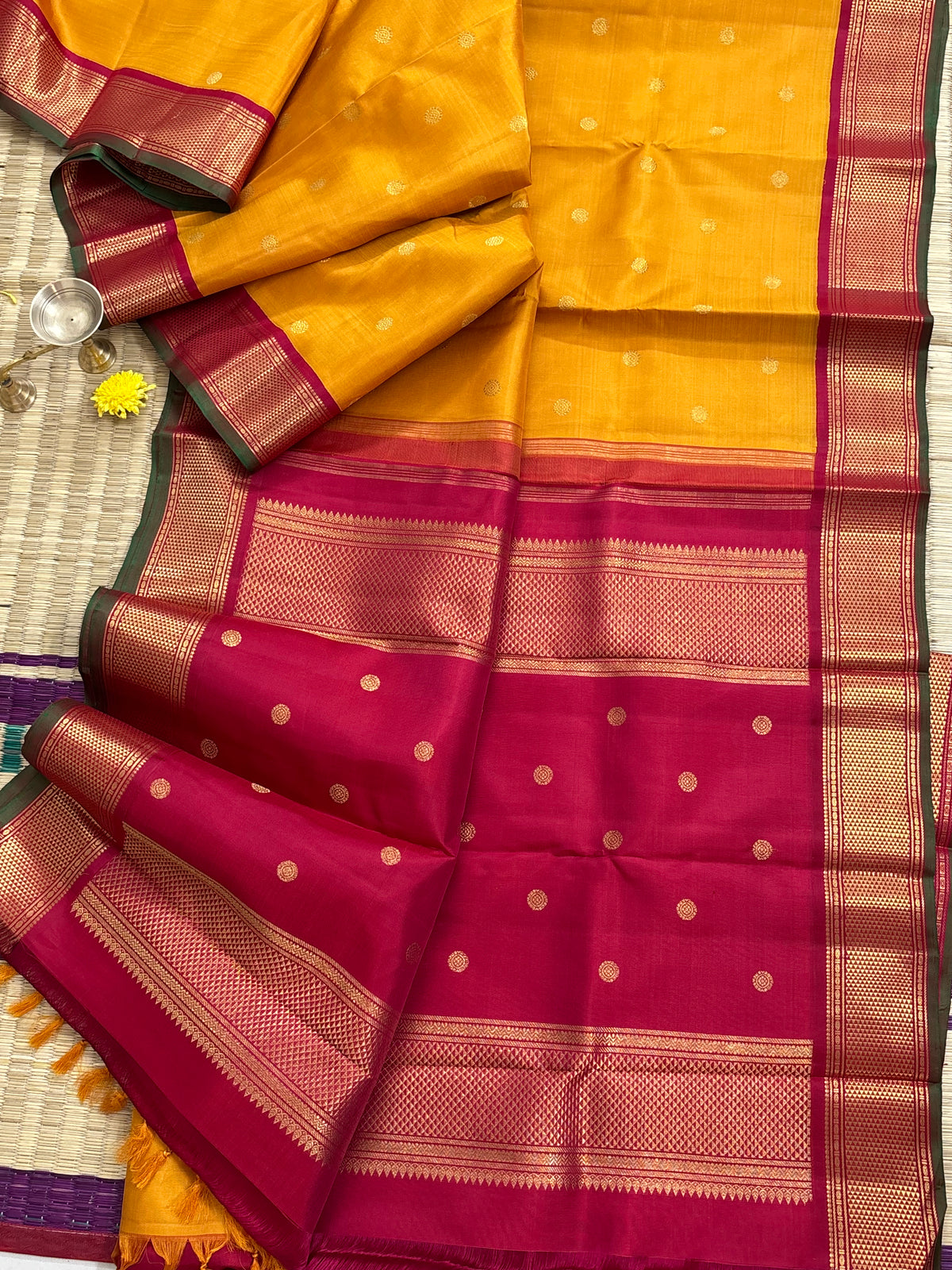 Mustard yellow body pure zari butta Korvai kanjipuram/silk saree clsa 8186