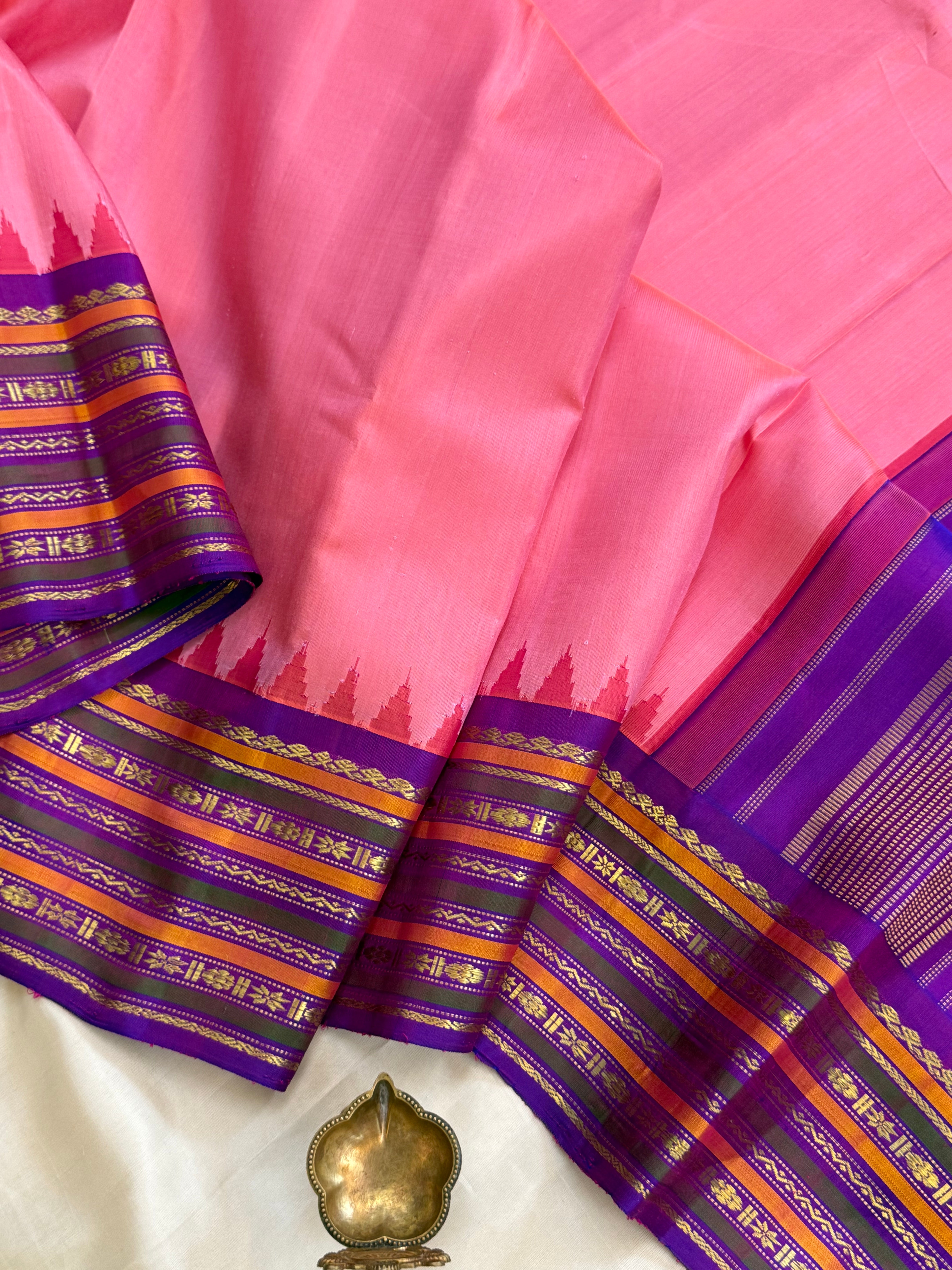 Peach pink with purple temple border/ Gadwal silk CLSA11295