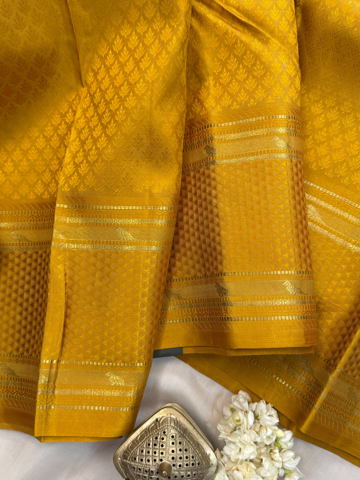 KILIYE :  mustard yellow kili  work /Kanjipuram silk saree