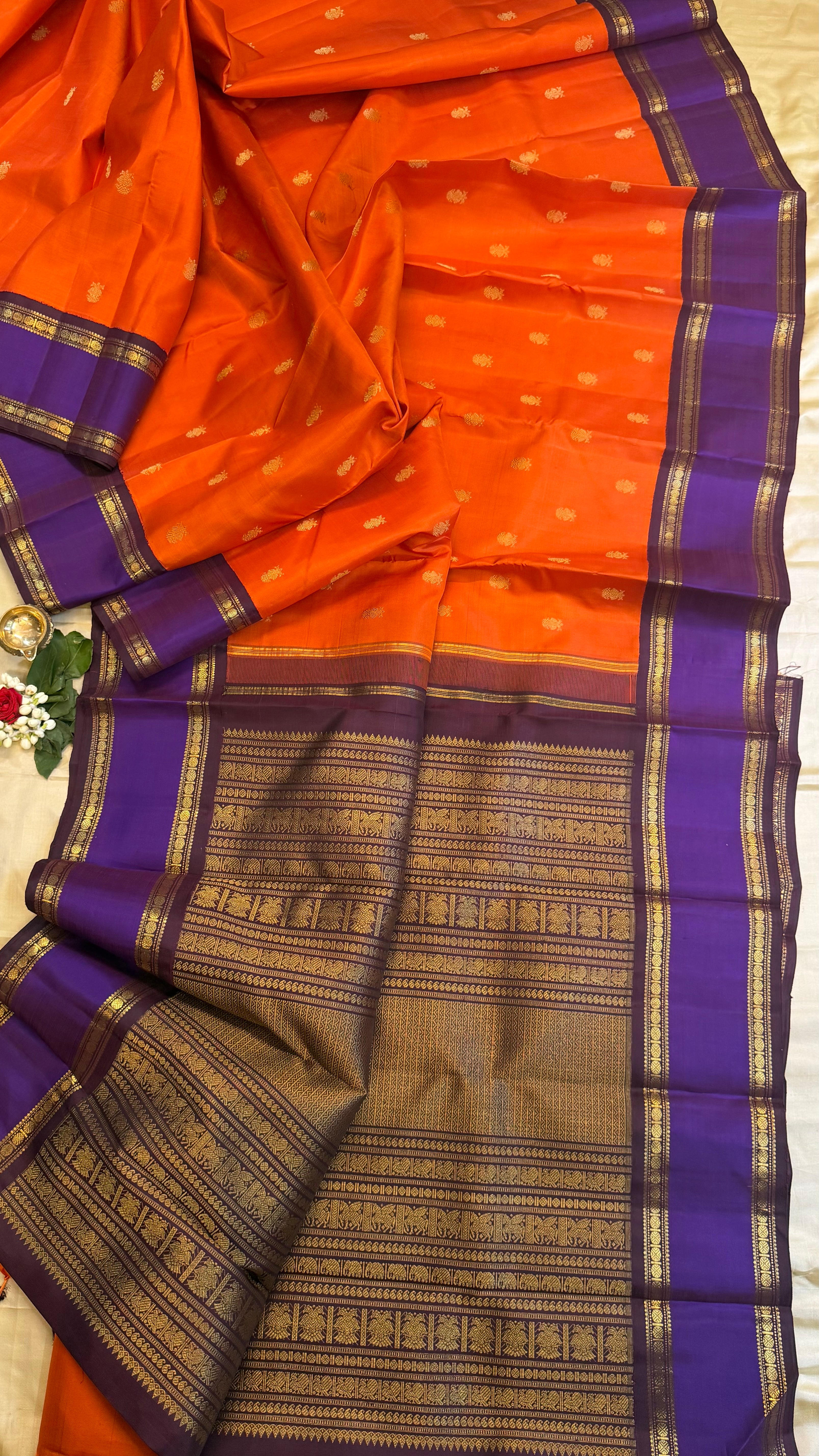 Rustic orange and purple rettapet border kai korvai/ kanjipuram silk