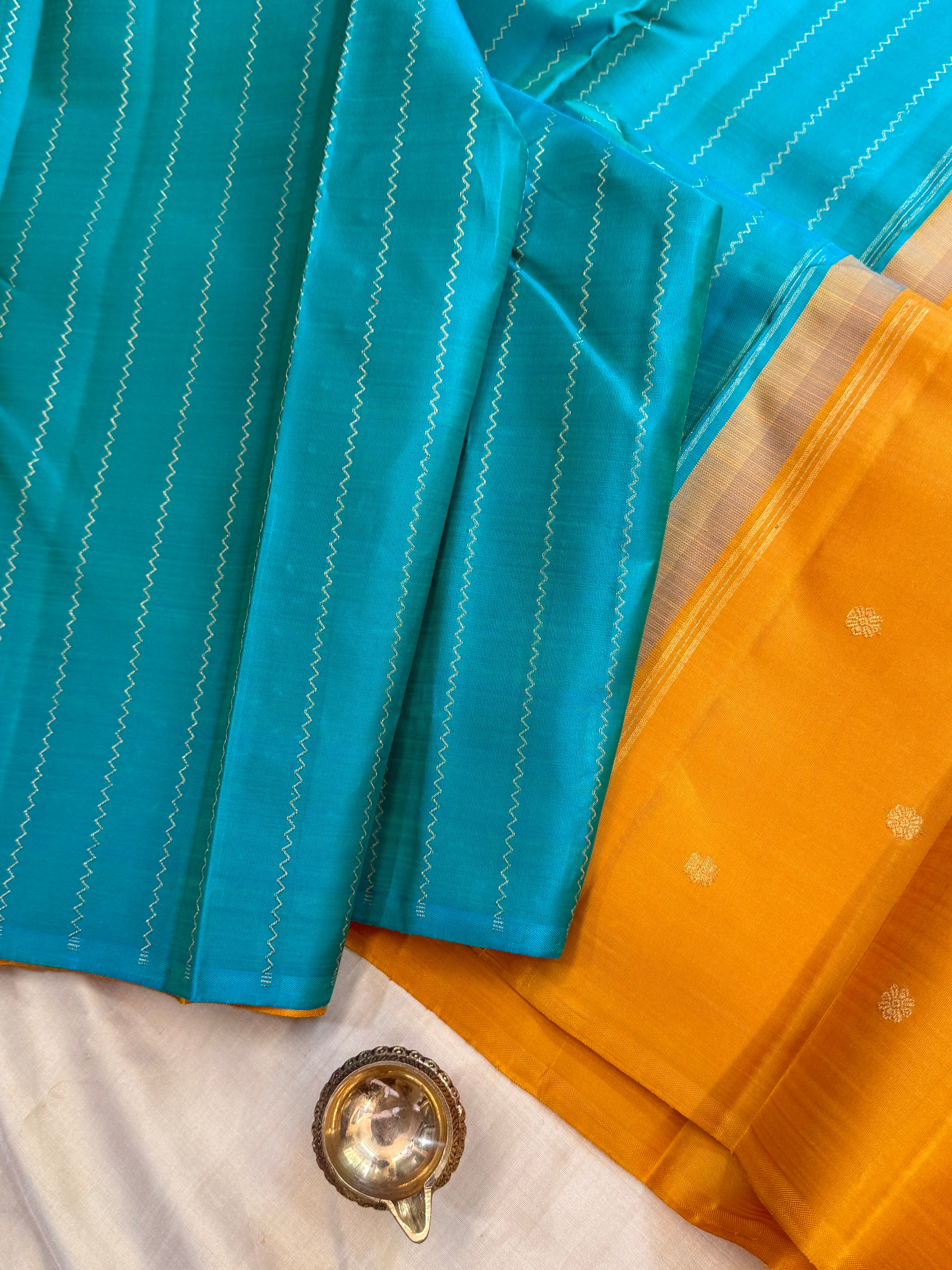 Partly pallu yellow and turquoise blue/ kanjipuram silk