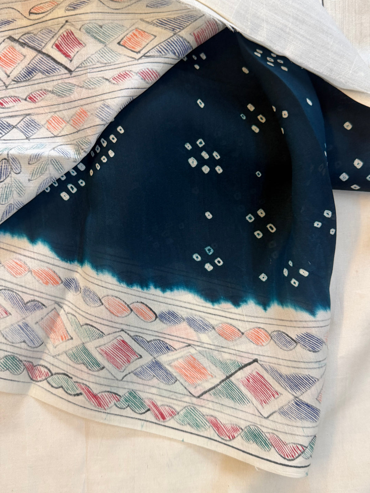 Blue  Bandhini with Madhubani work in silk