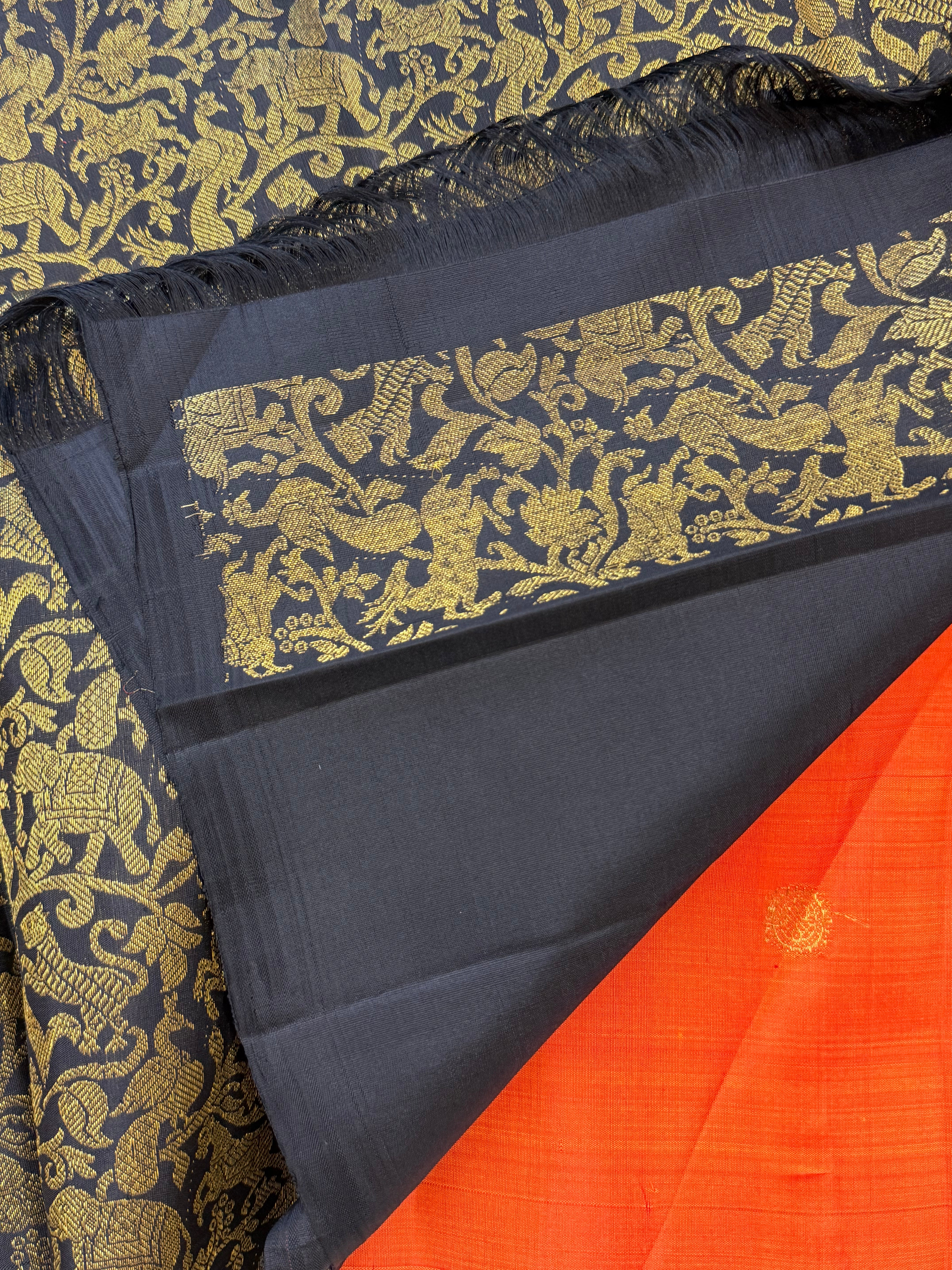 Black with orange Vanasingaram partly pallu / kanjivaram silk clsa 8634