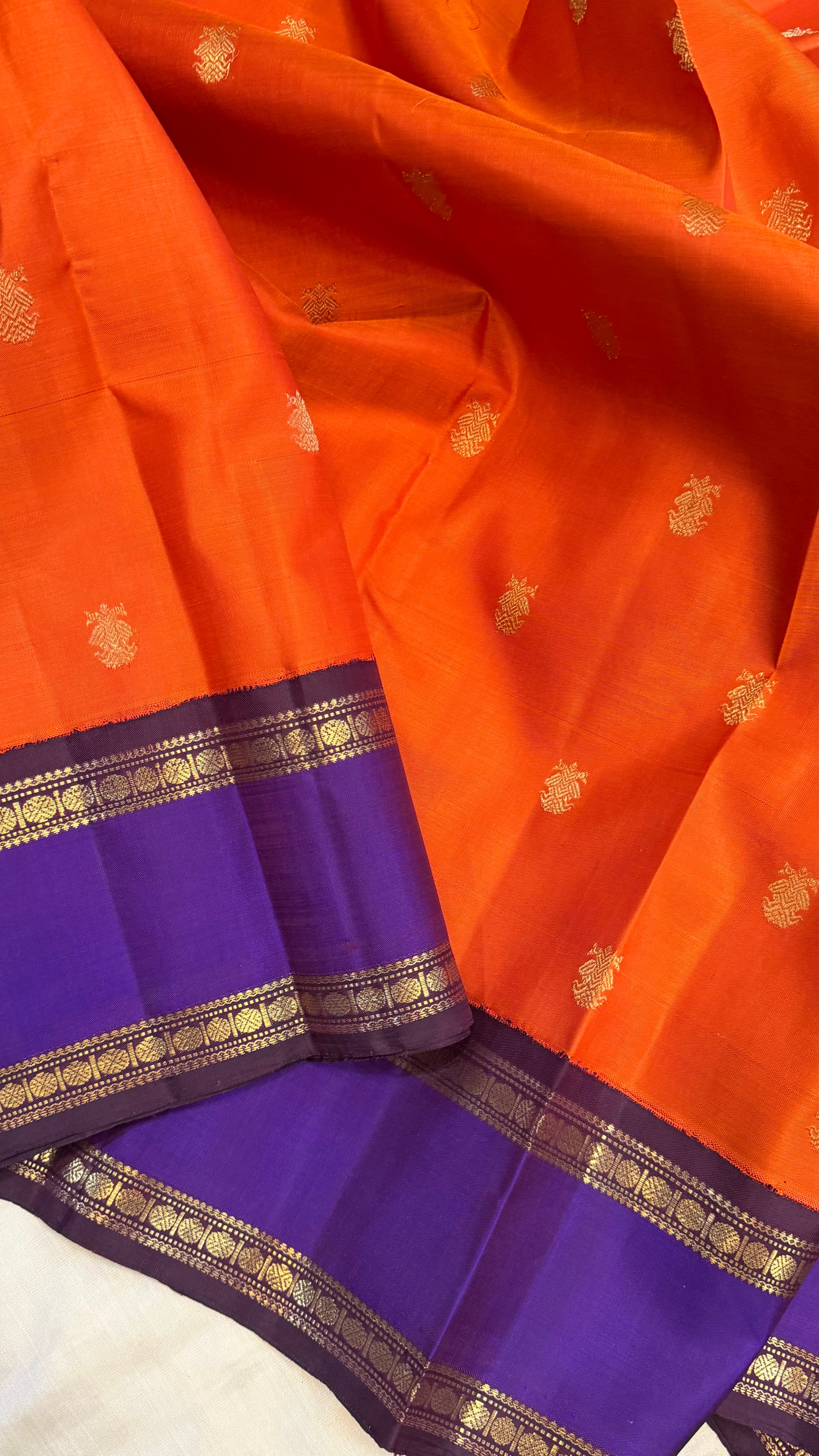 Rustic orange and purple rettapet border kai korvai/ kanjipuram silk