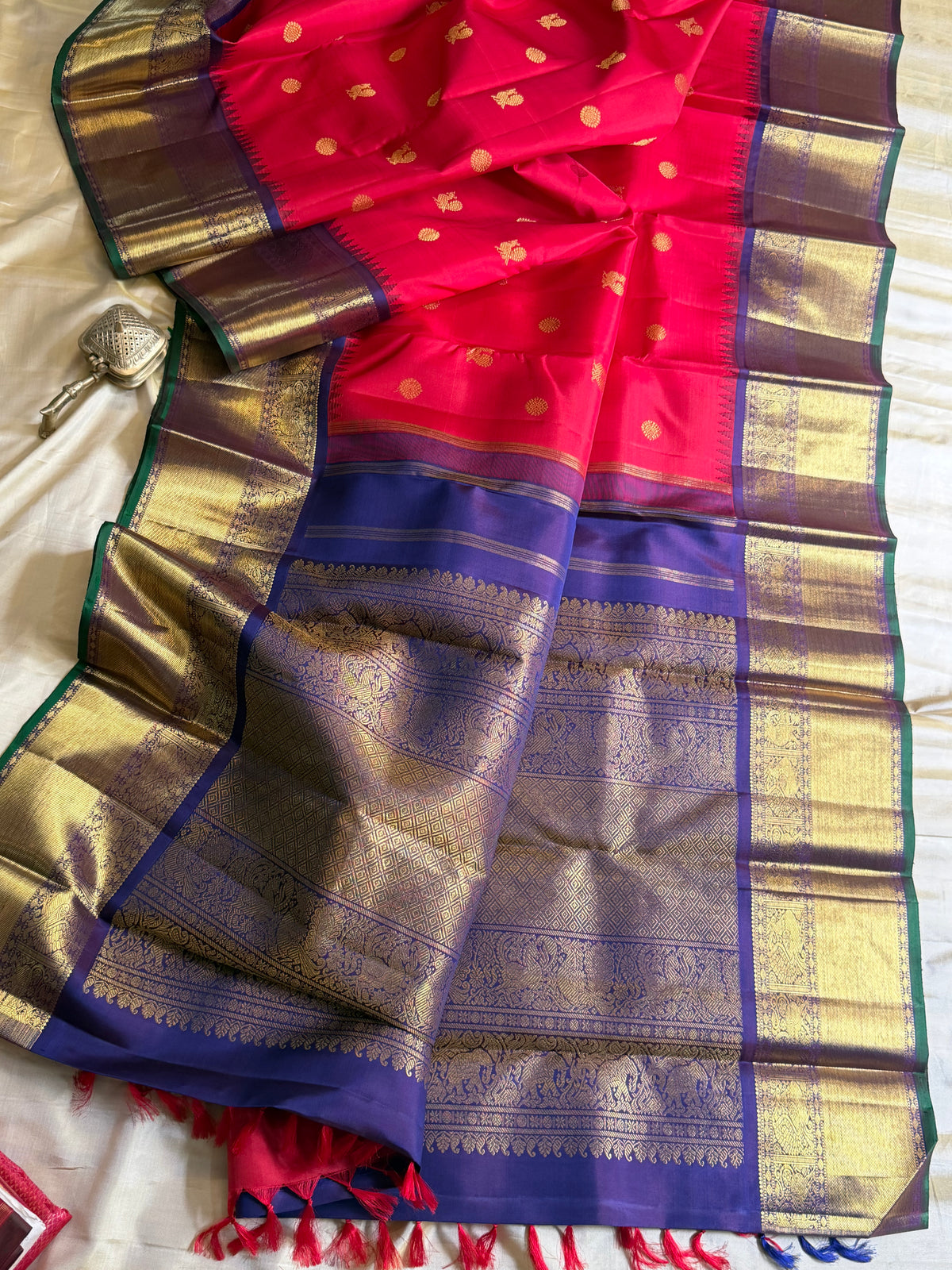 Red with blue Kai Korvai pure Kanjipuram silk