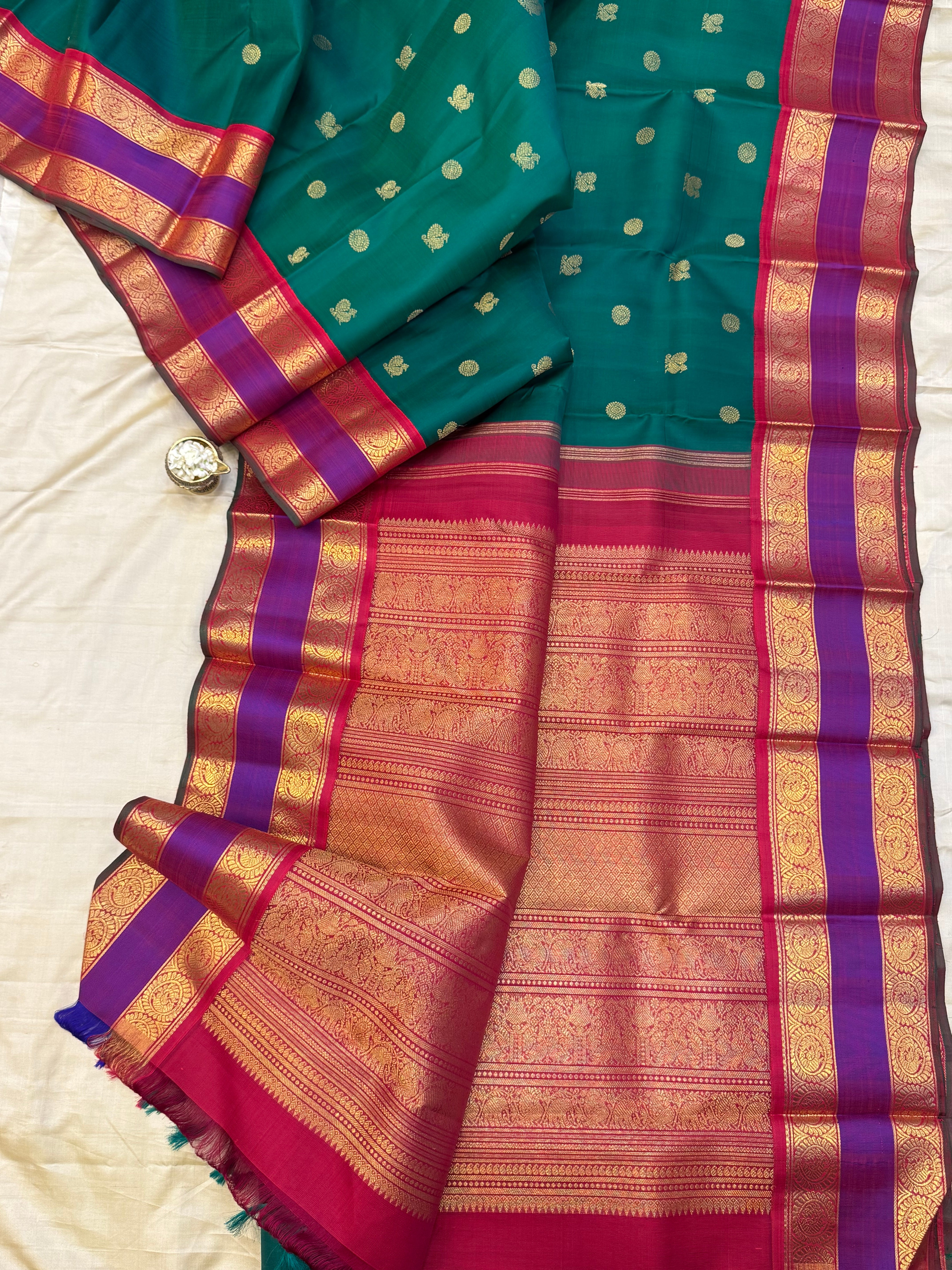 Green and purple Araku rettapet border kai korvai/ Kanjipuram Silk