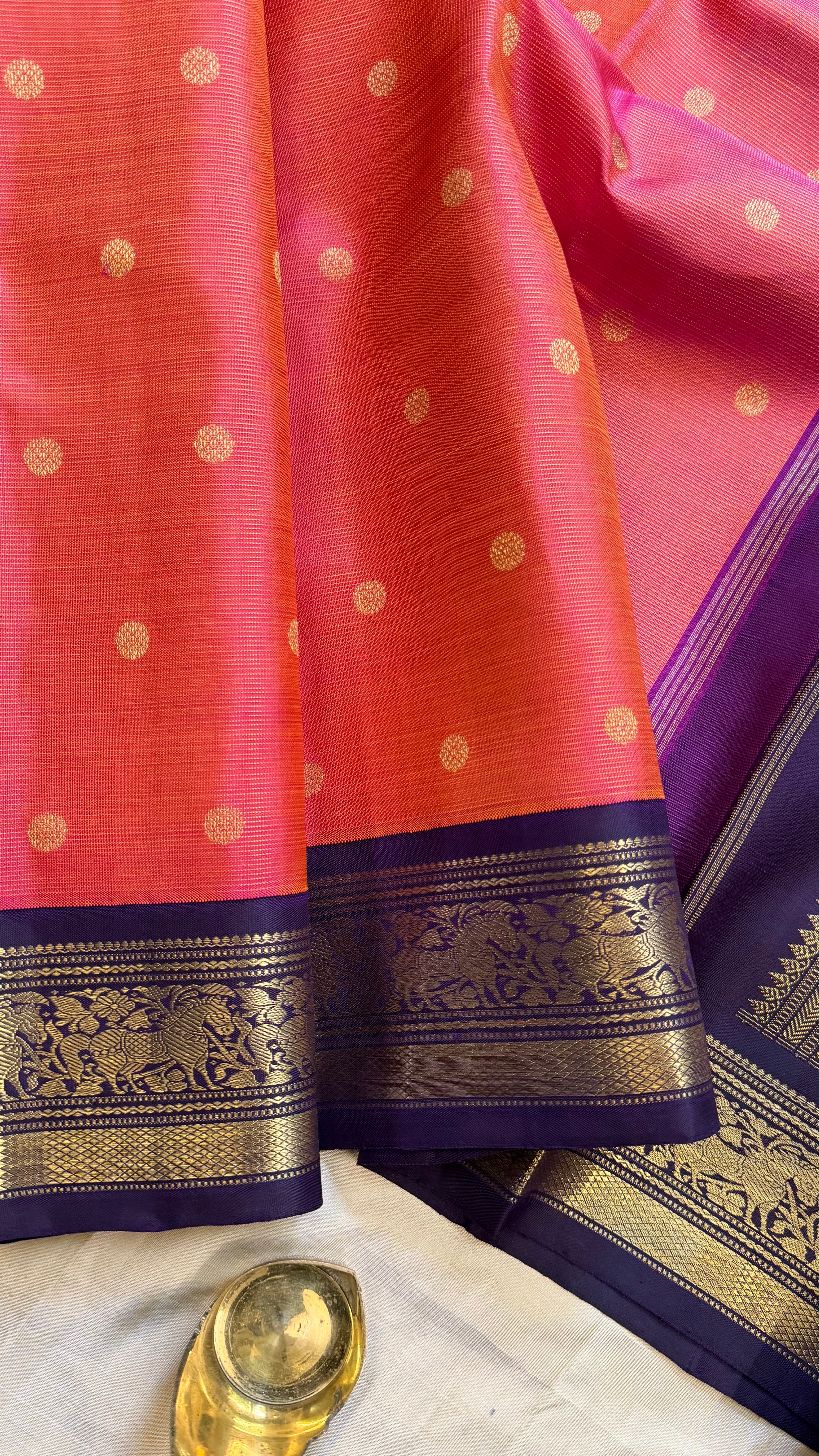 Pink shot orange and nagapazham blue vairaoosi kai korvai/ Kanjipuram Silk