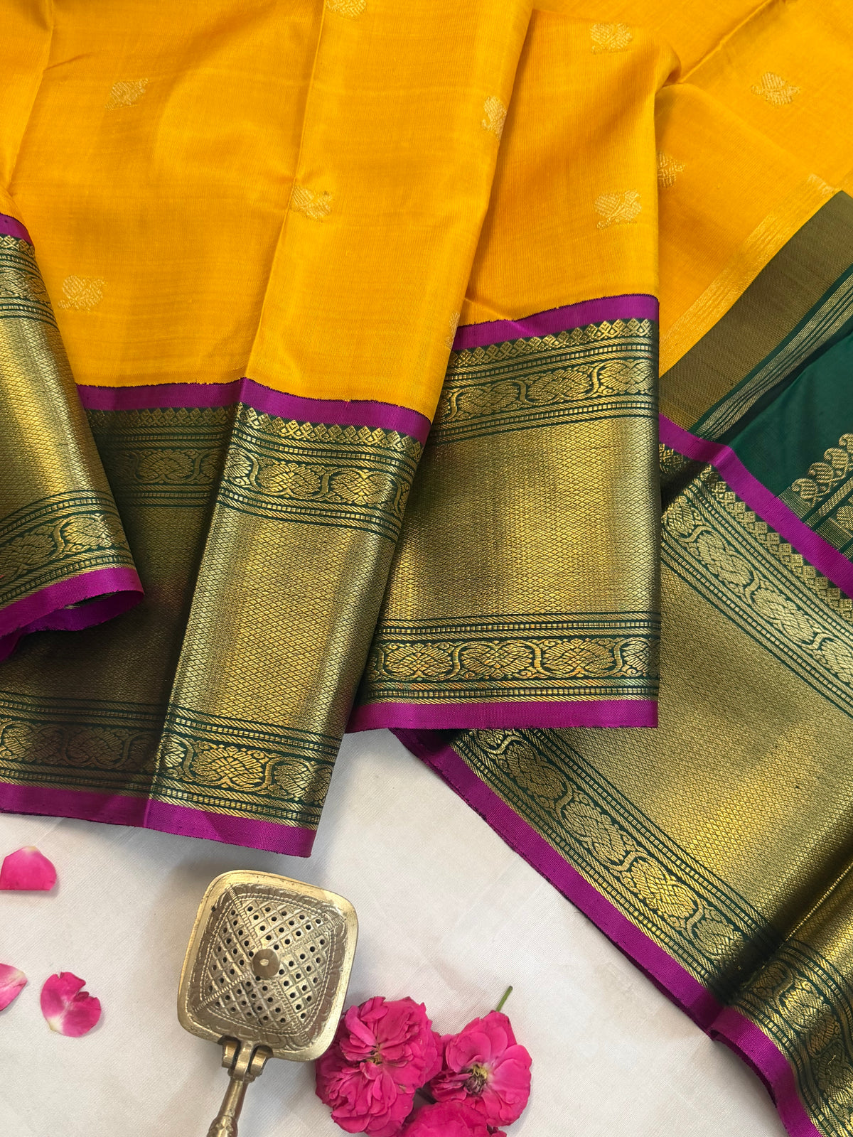 Yellow - Day 1 Navarthri colour pure Zari Kanjipuram silk / Golden yellow getti pet Korvai
