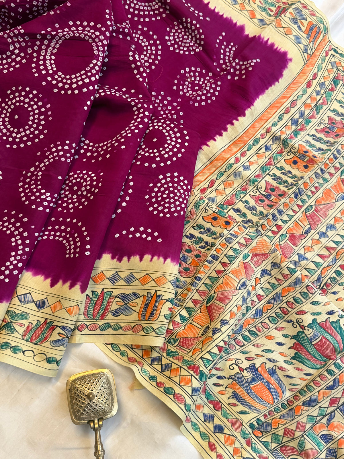Purple  Bandhini with Madhubani work in silk