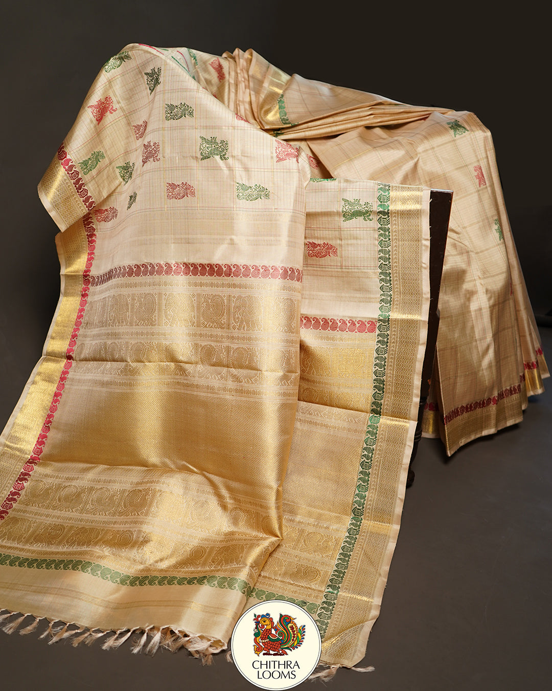 Alankar / vintage recreated golden off white Kattam Butta saree kanjipuram silk