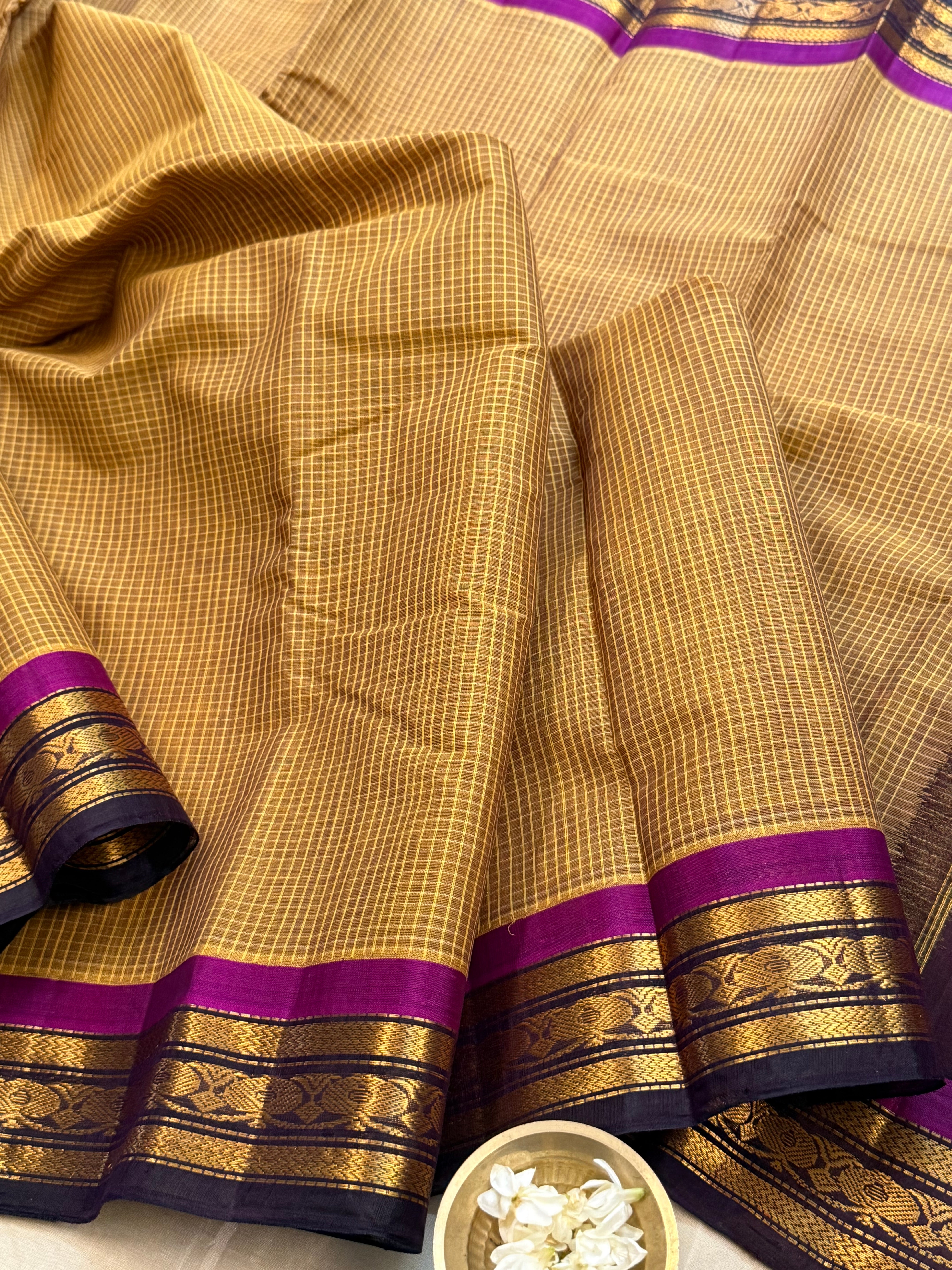 Mustard yellow and deep purple korvai / Gadwal cotton ( No Blouse)