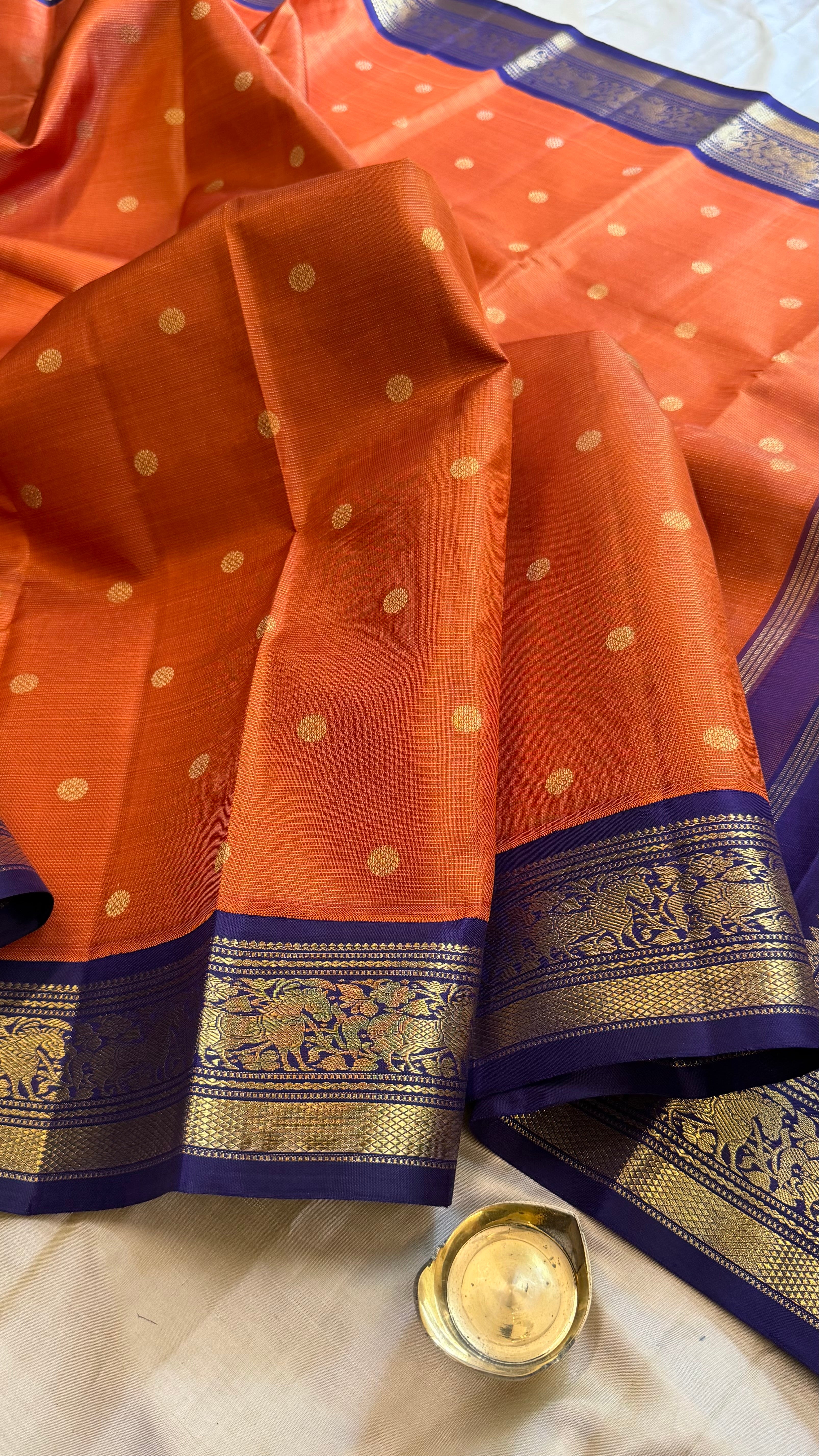 Rust and dark blue vairaoosi kai korvai/ Kanjipuram Silk