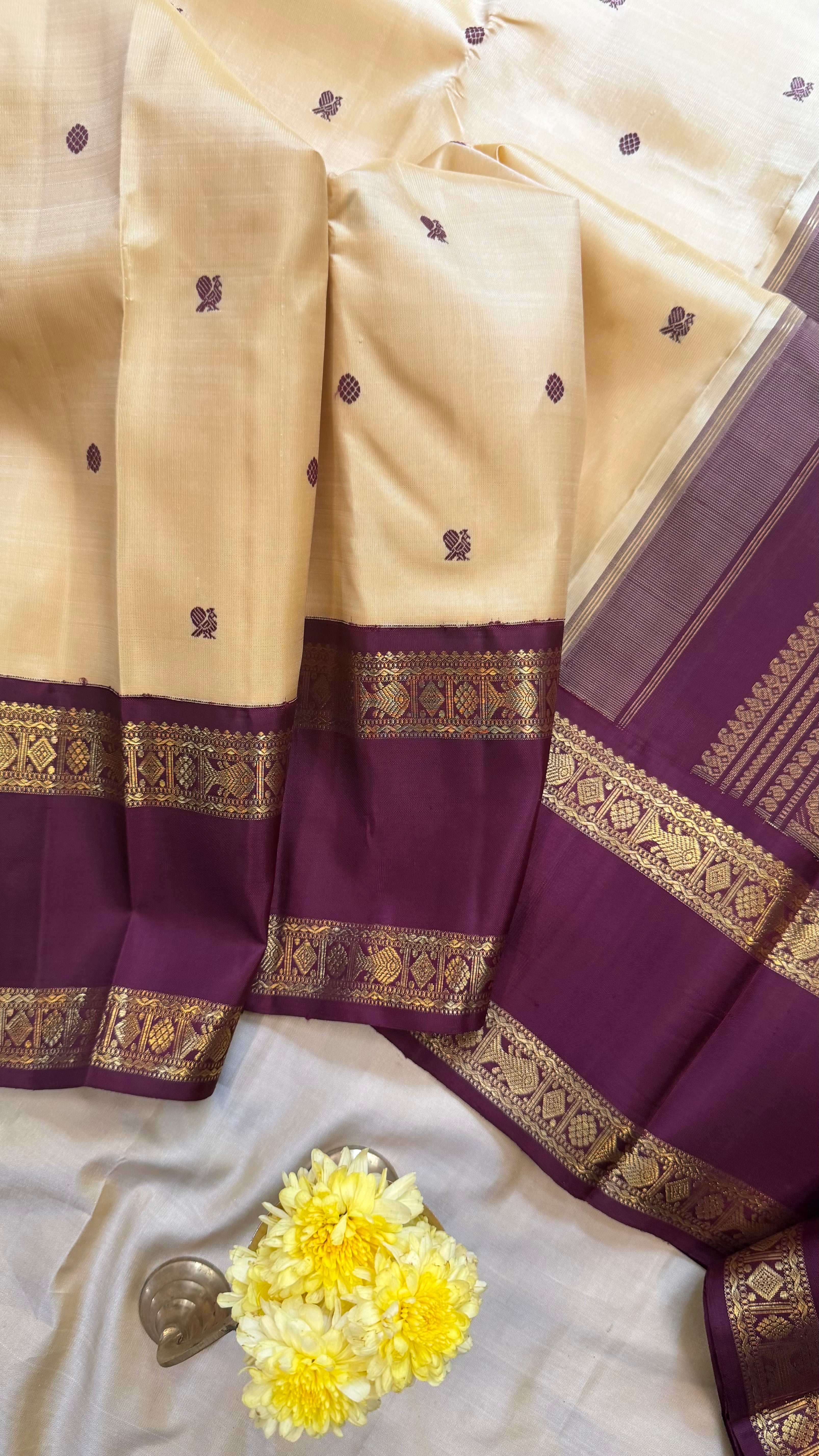 Off sandal and brown rettapet border kai korvai/ kanjipuram silk