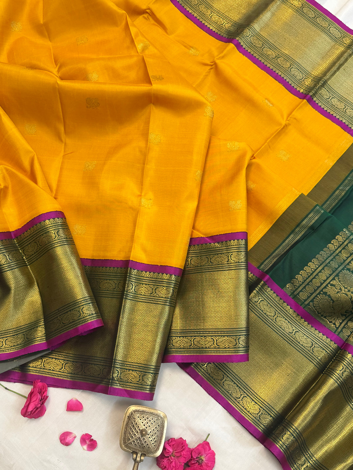 Yellow - Day 1 Navarthri colour pure Zari Kanjipuram silk / Golden yellow getti pet Korvai