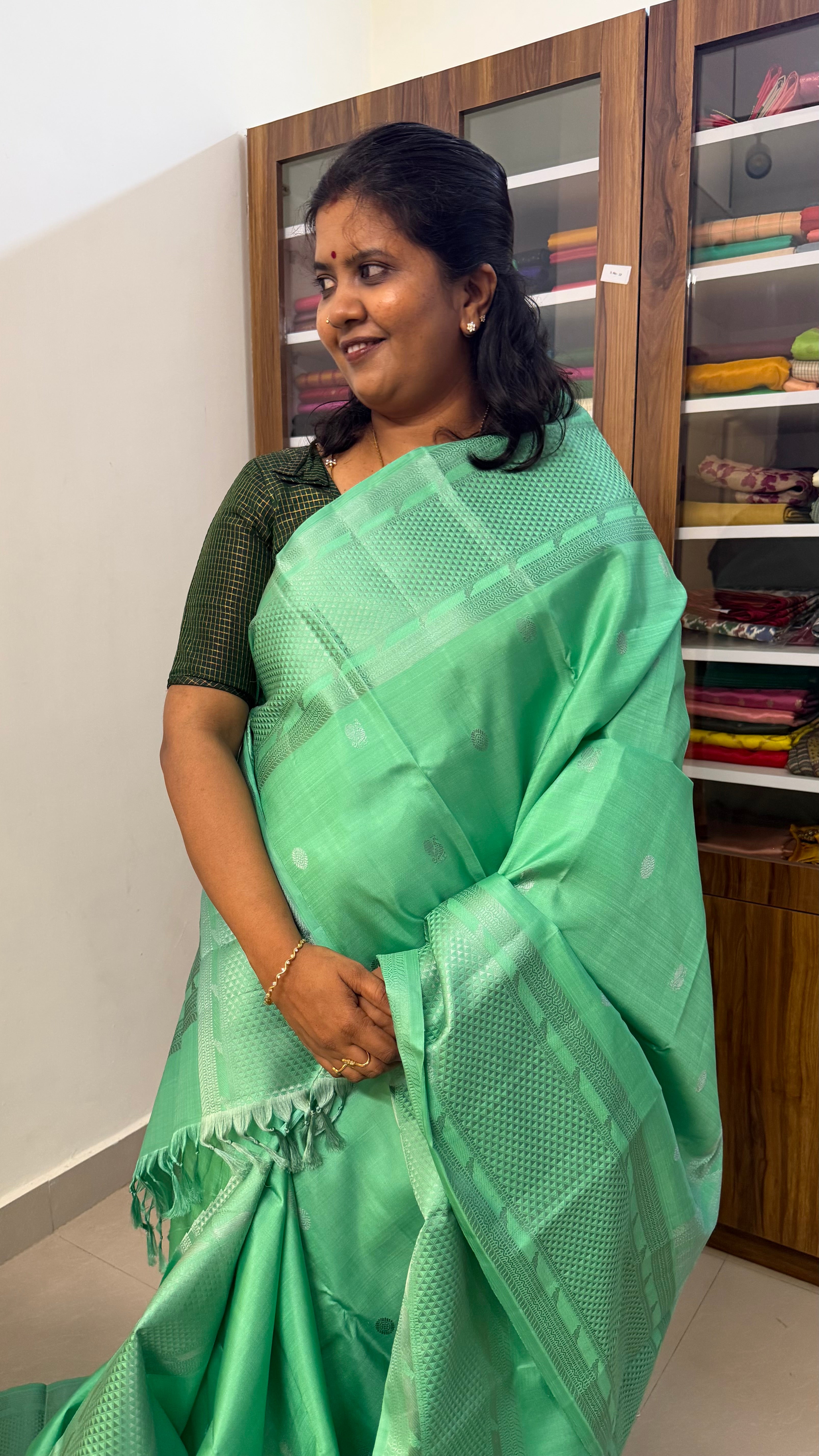 Apple green Kili  thread work Kanjipuram silk