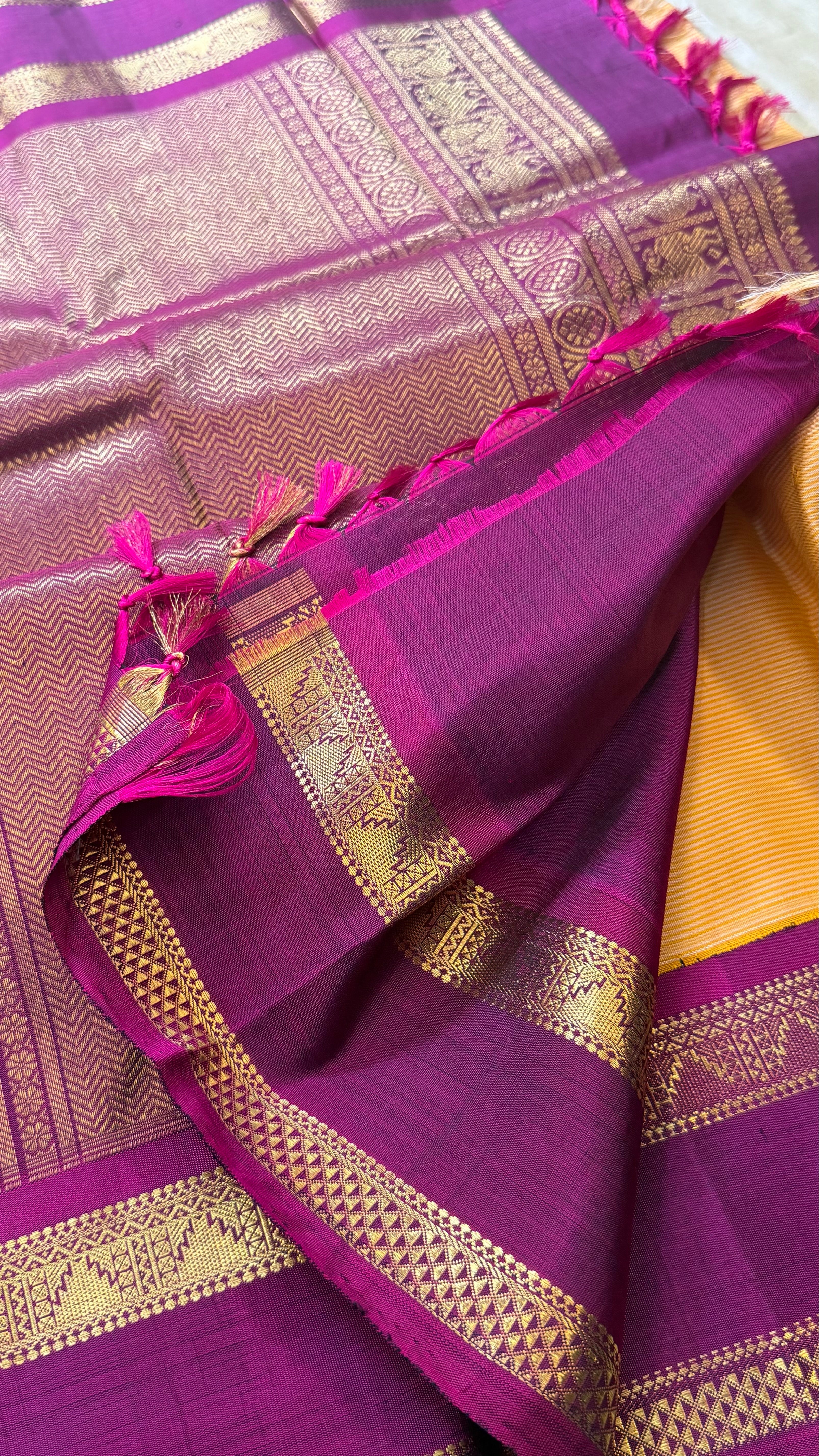 Sandalwood shade and magenta rettapet border kai korvai/ Kanjipuram Silk