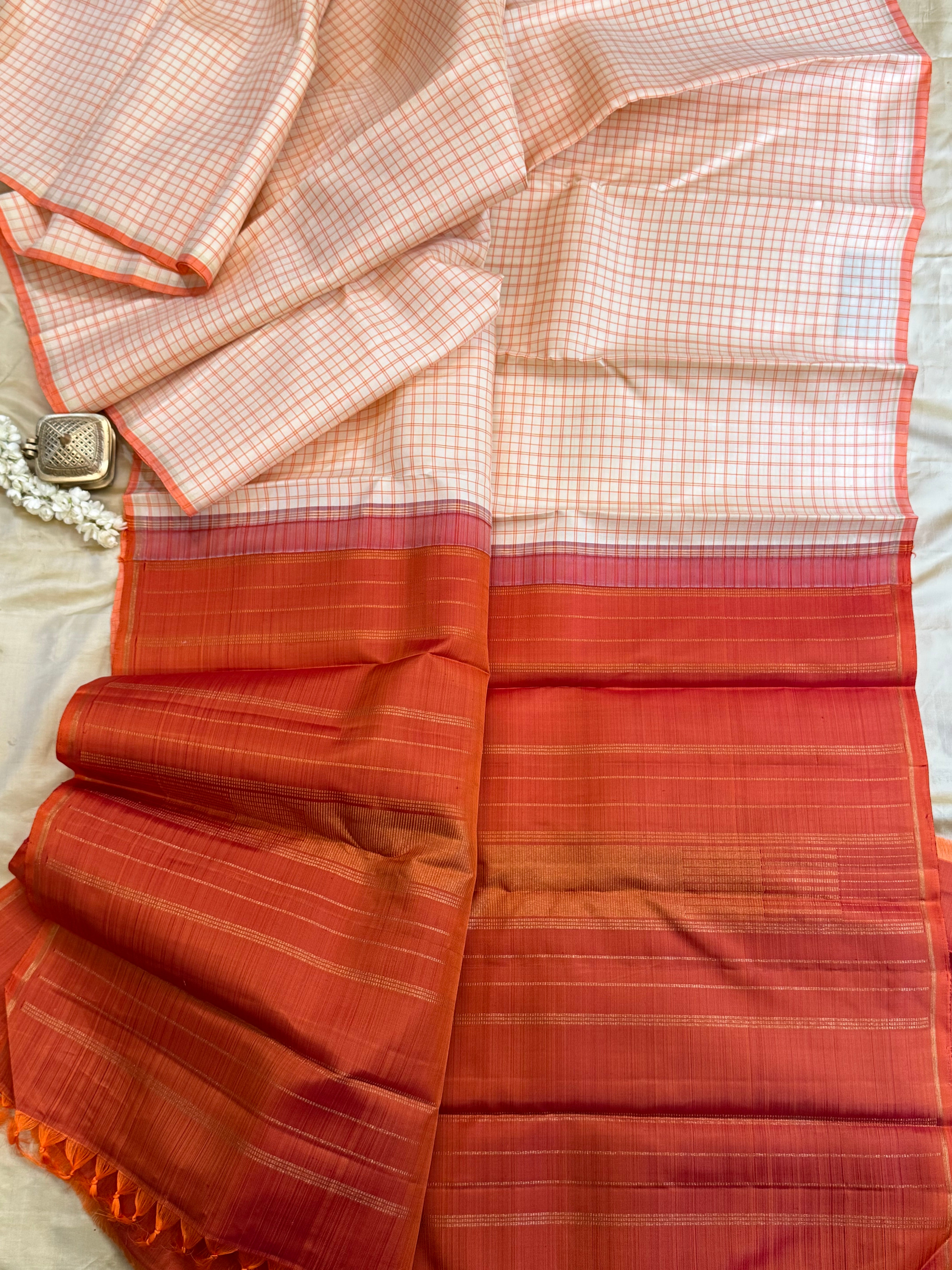 Offwhite and orange checks / Kanjipuram silk