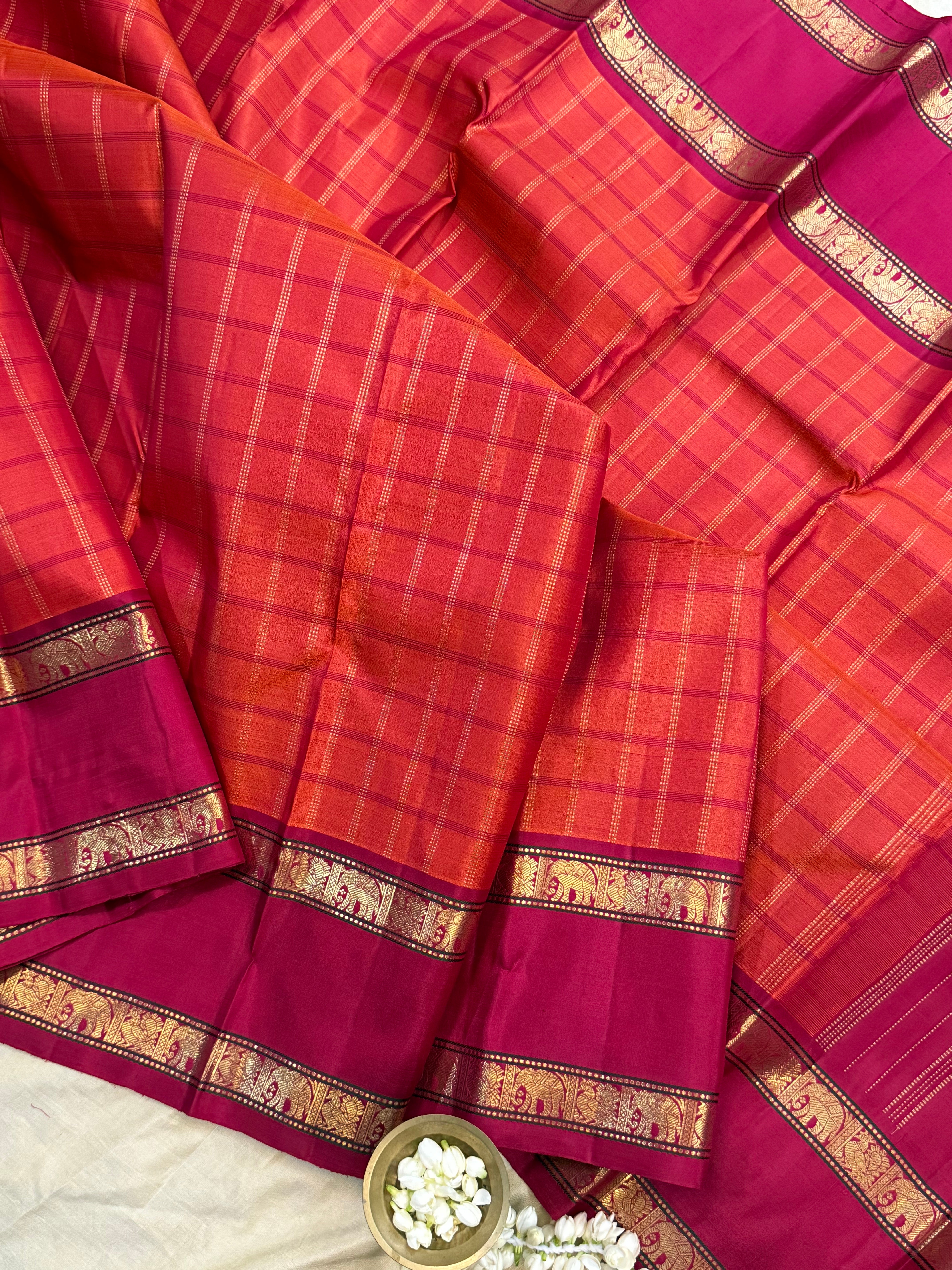 Rustic orange and Red kattam rettapet border/ Kanjipuram silk