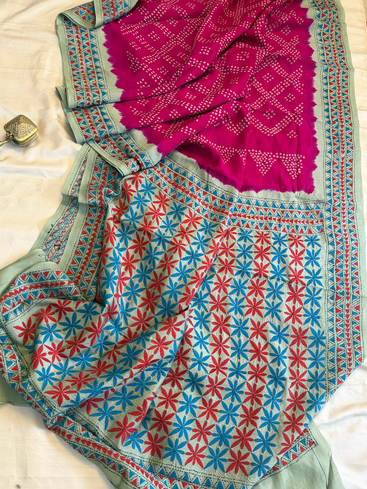 Pink Bandhini with Kantha work in silk