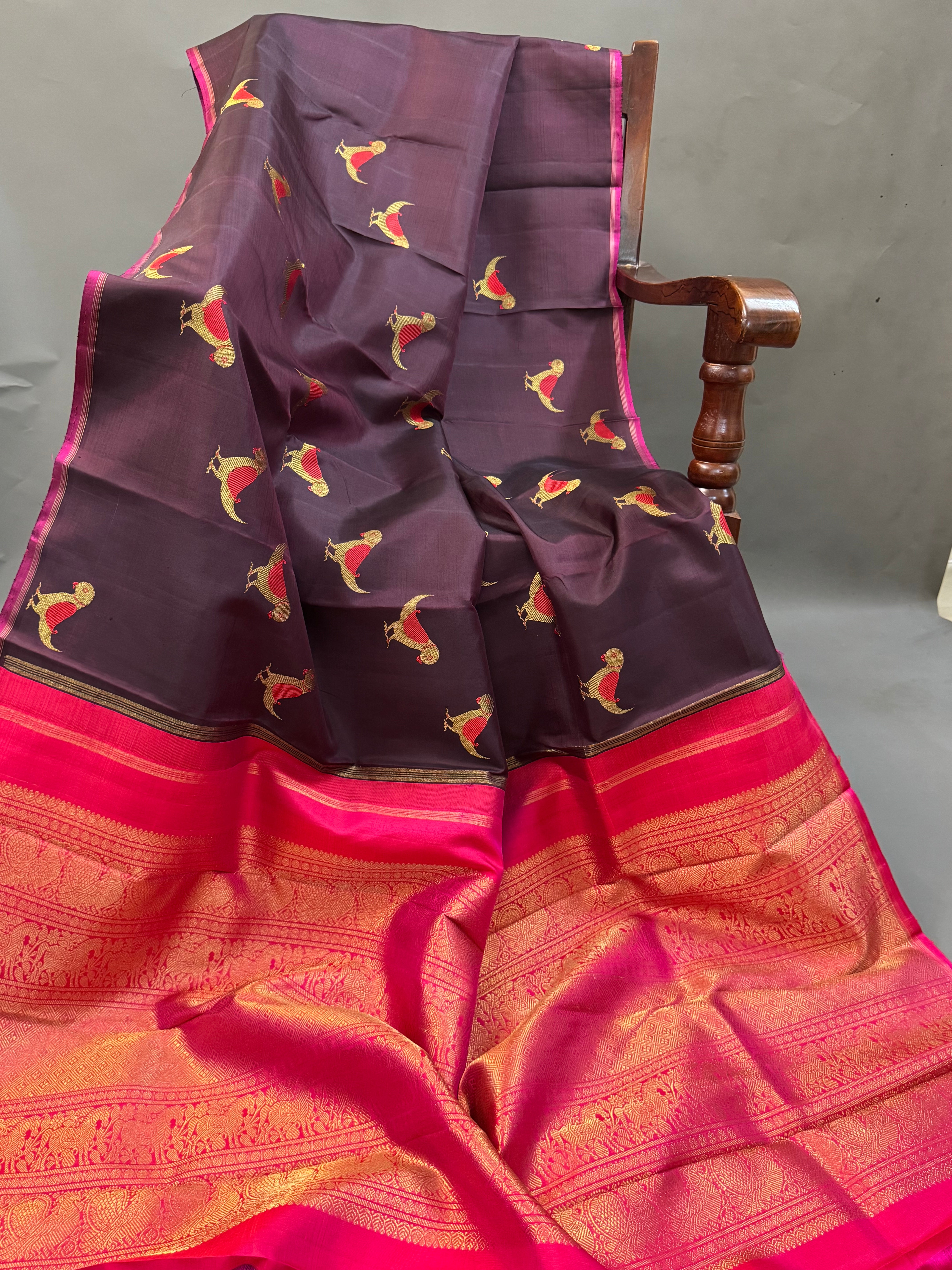 Paaku Meena work bird  Butta  Borderless kanjipuram silk saree