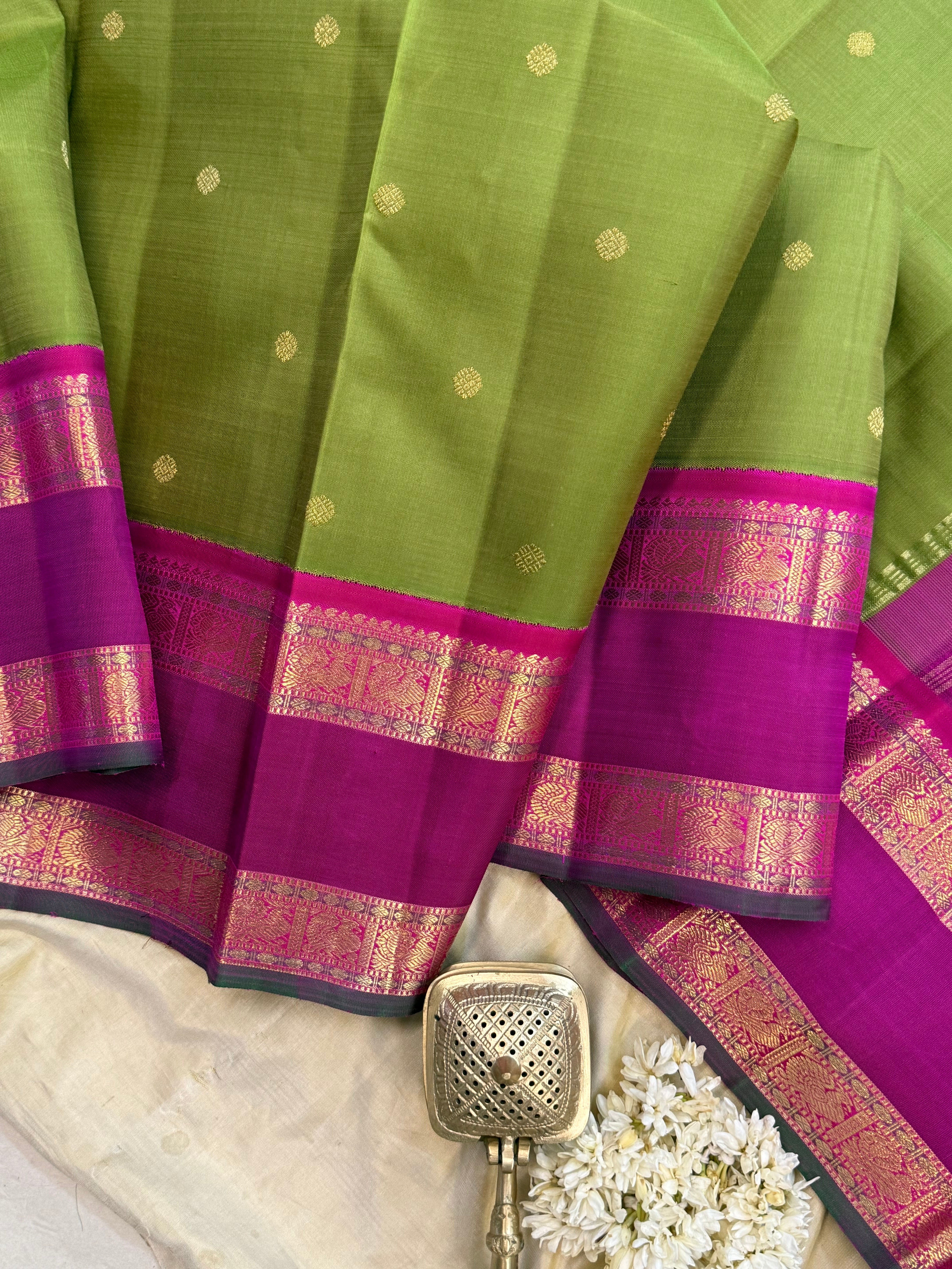 Olive green and magenta pink rettapet border kai korvai/ Kanjipuram silk