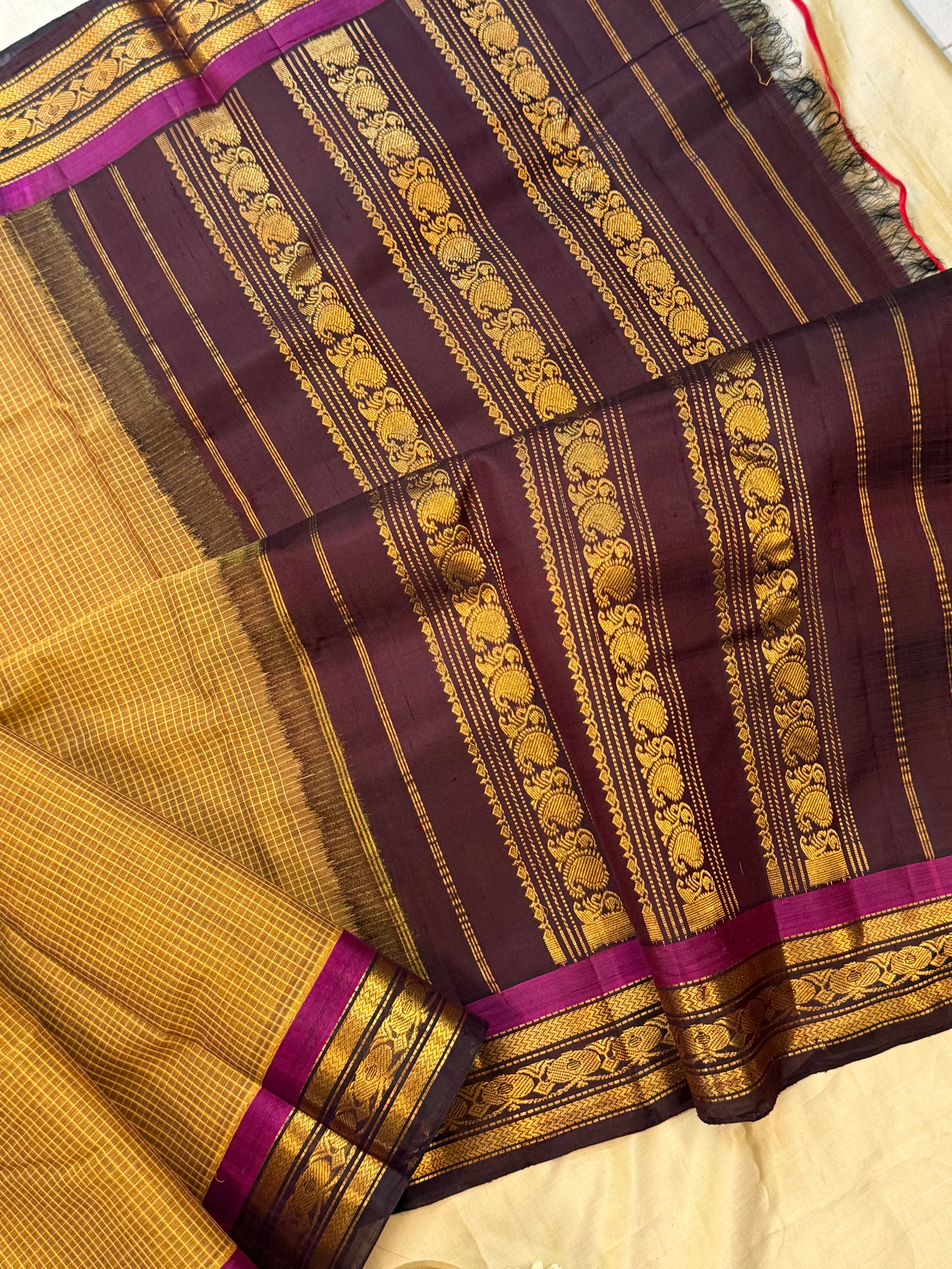 Mustard yellow and deep purple korvai / Gadwal cotton ( No Blouse)