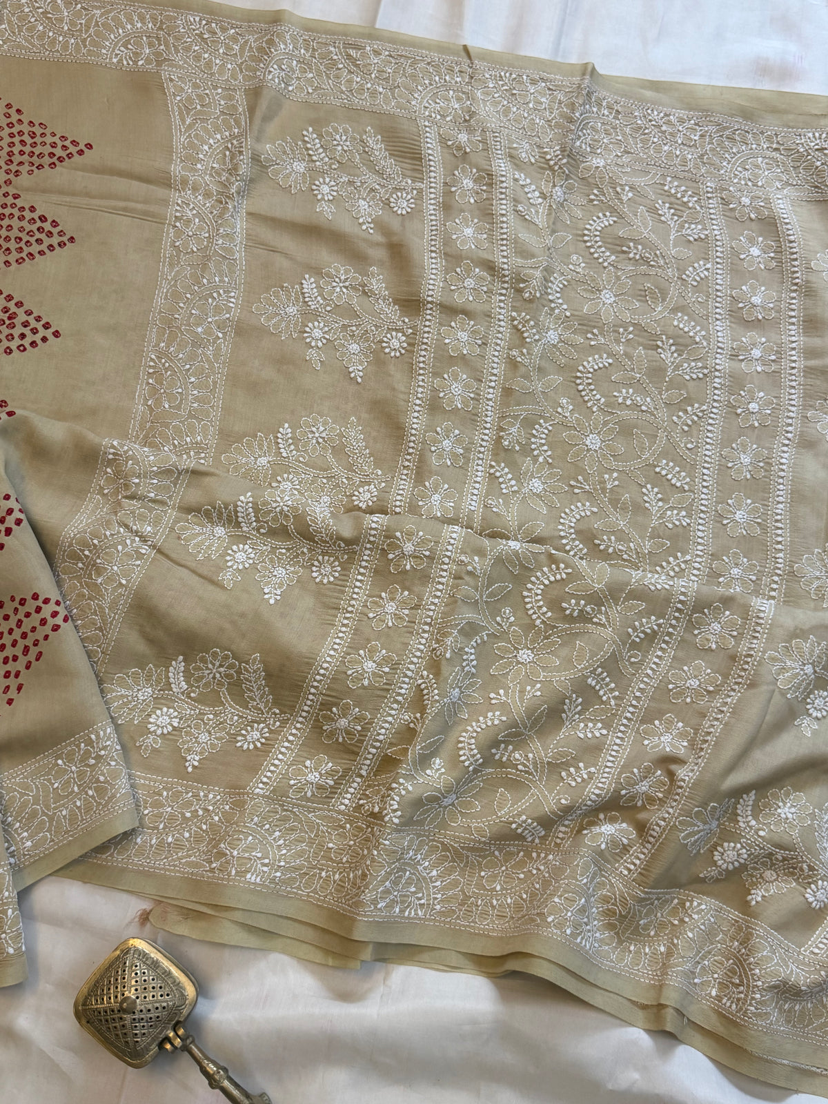 Tussar Bandhini with Chikankari work in silk