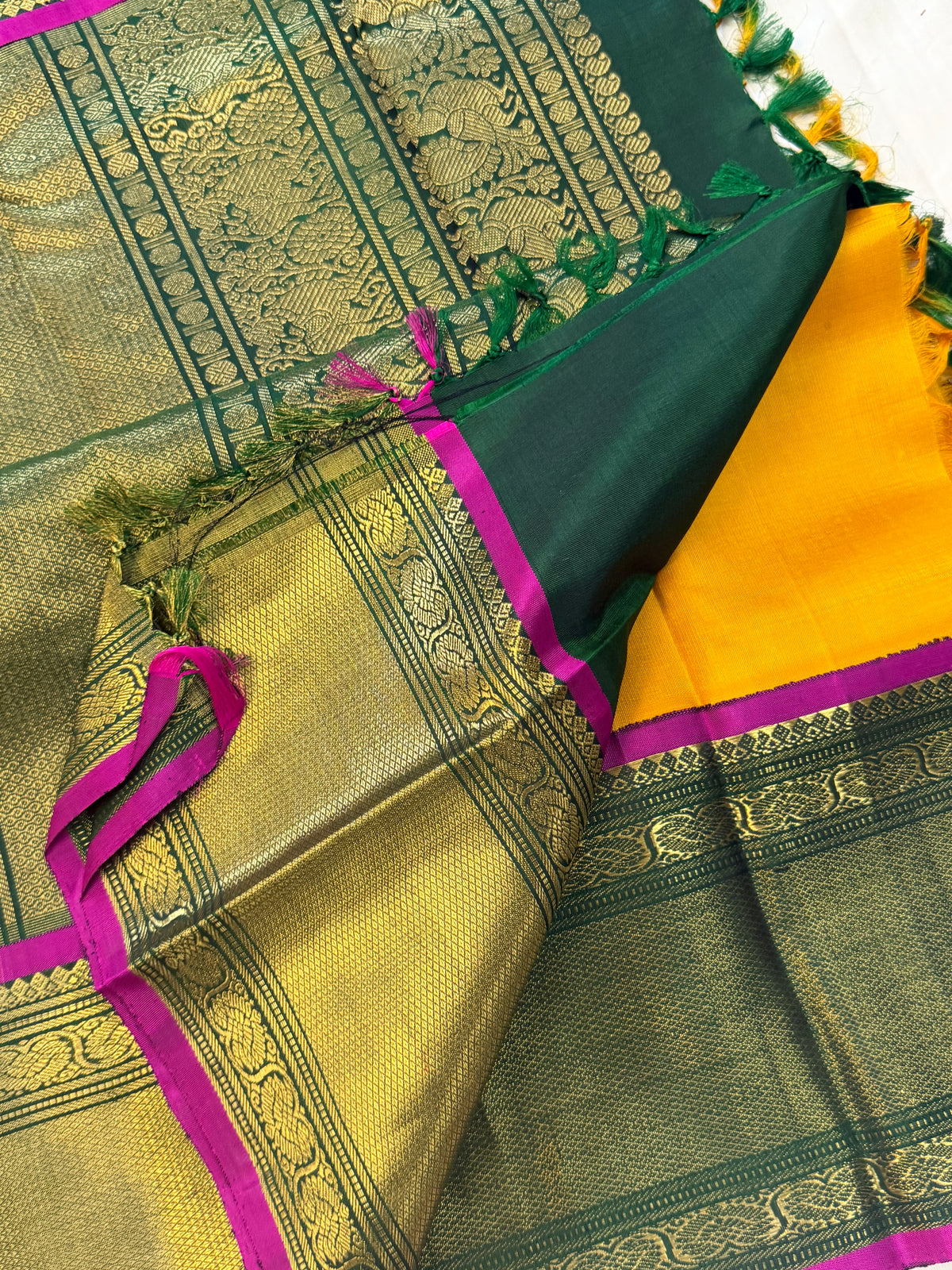 Yellow - Day 1 Navarthri colour pure Zari Kanjipuram silk / Golden yellow getti pet Korvai
