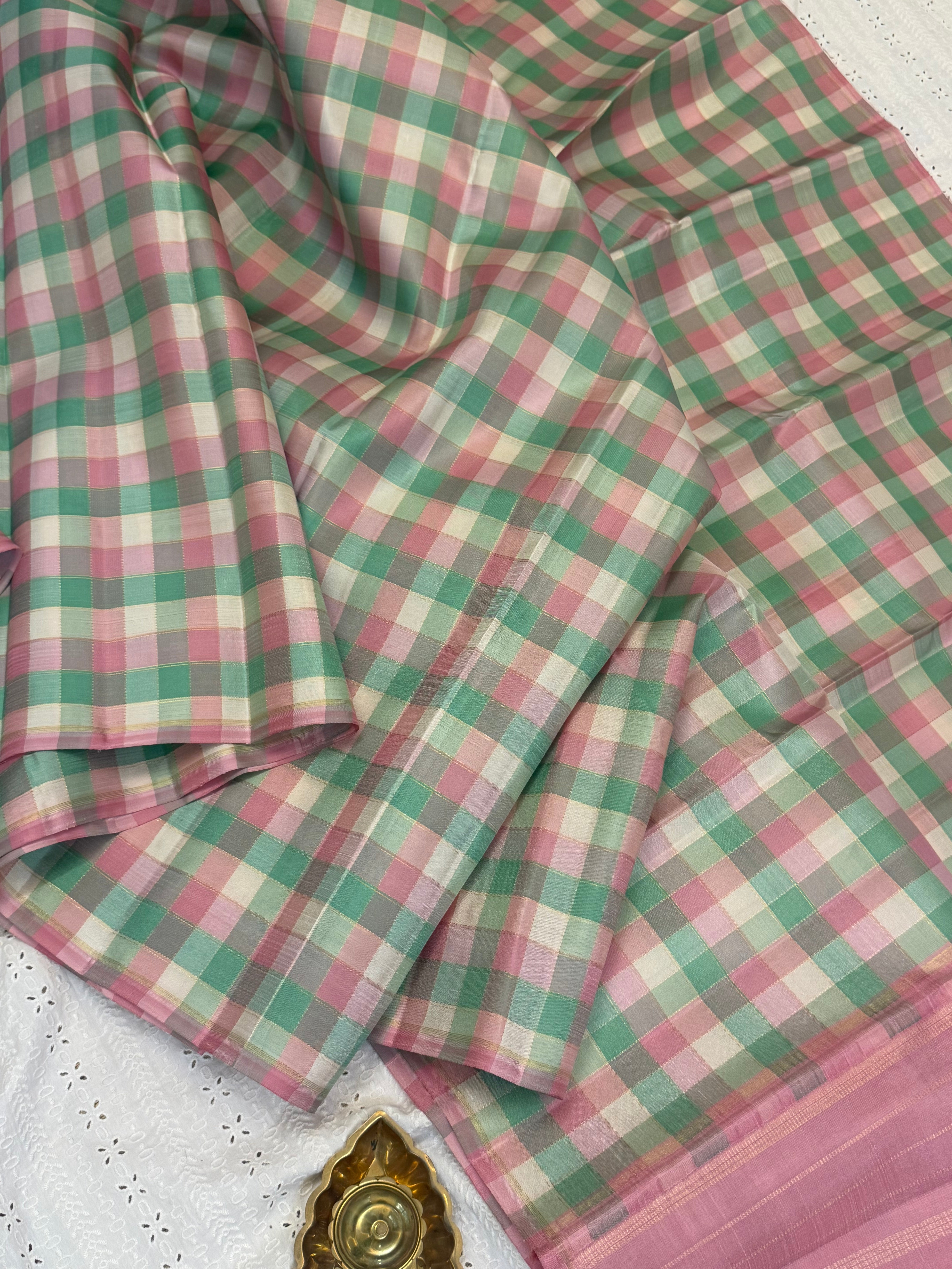 Multicolour checks unique Zari line / border less kanjipuram silk saree CLSA 10498