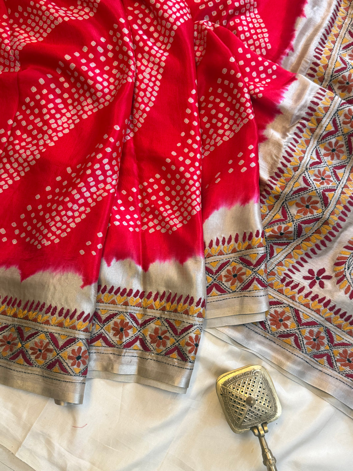 Reddish orange Bandhini with Kantha work in gajji silk