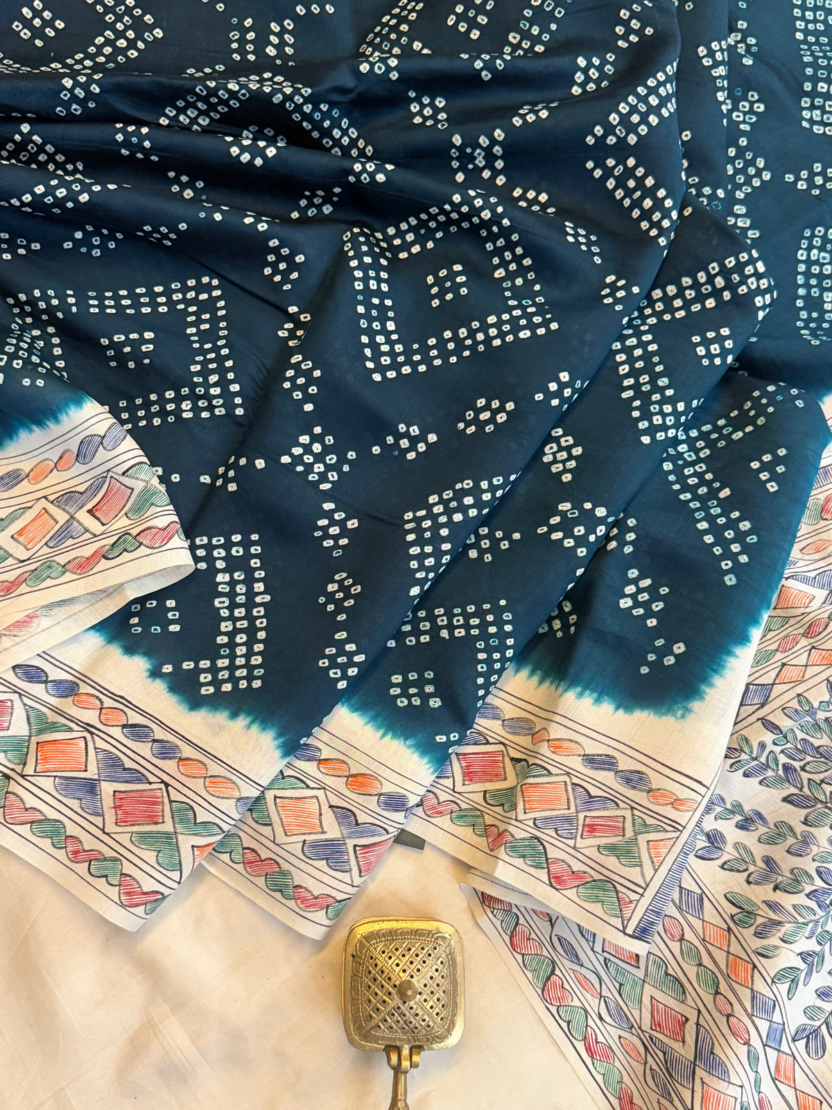 Blue  Bandhini with Madhubani work in silk