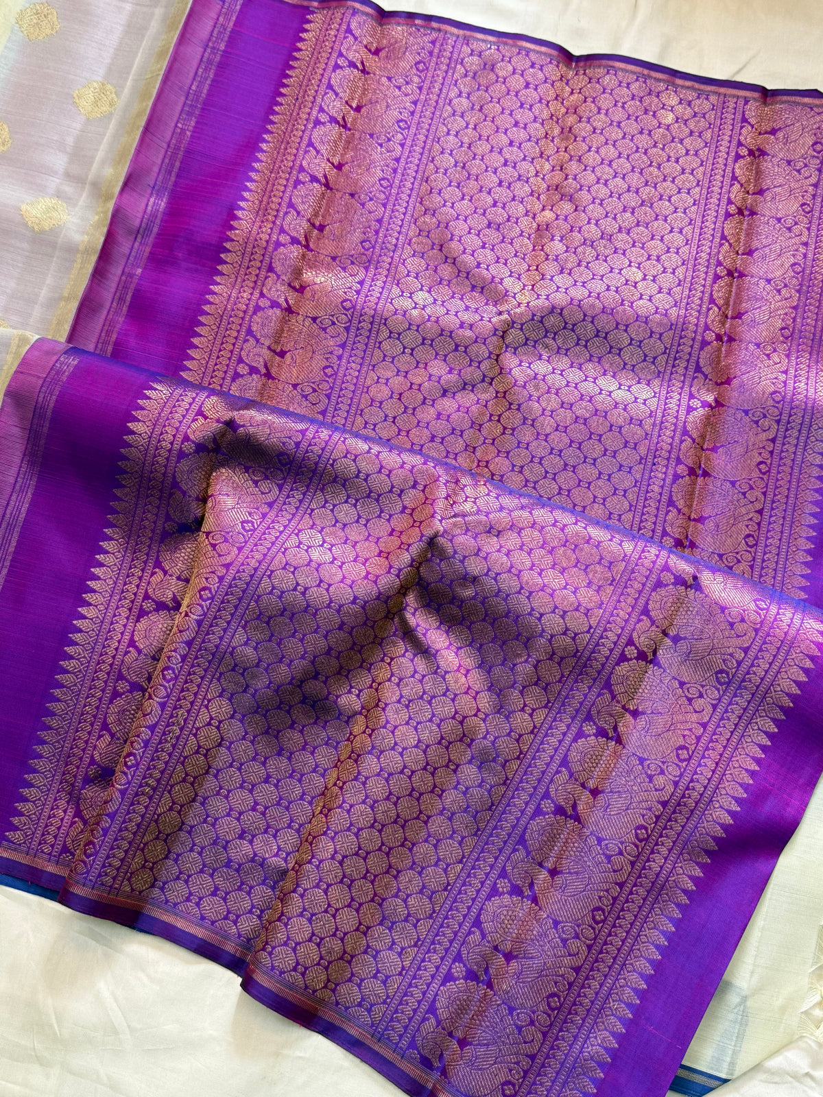 Offwhite and purple borderless organza silk / Kanjipuram silk CLSA12824
